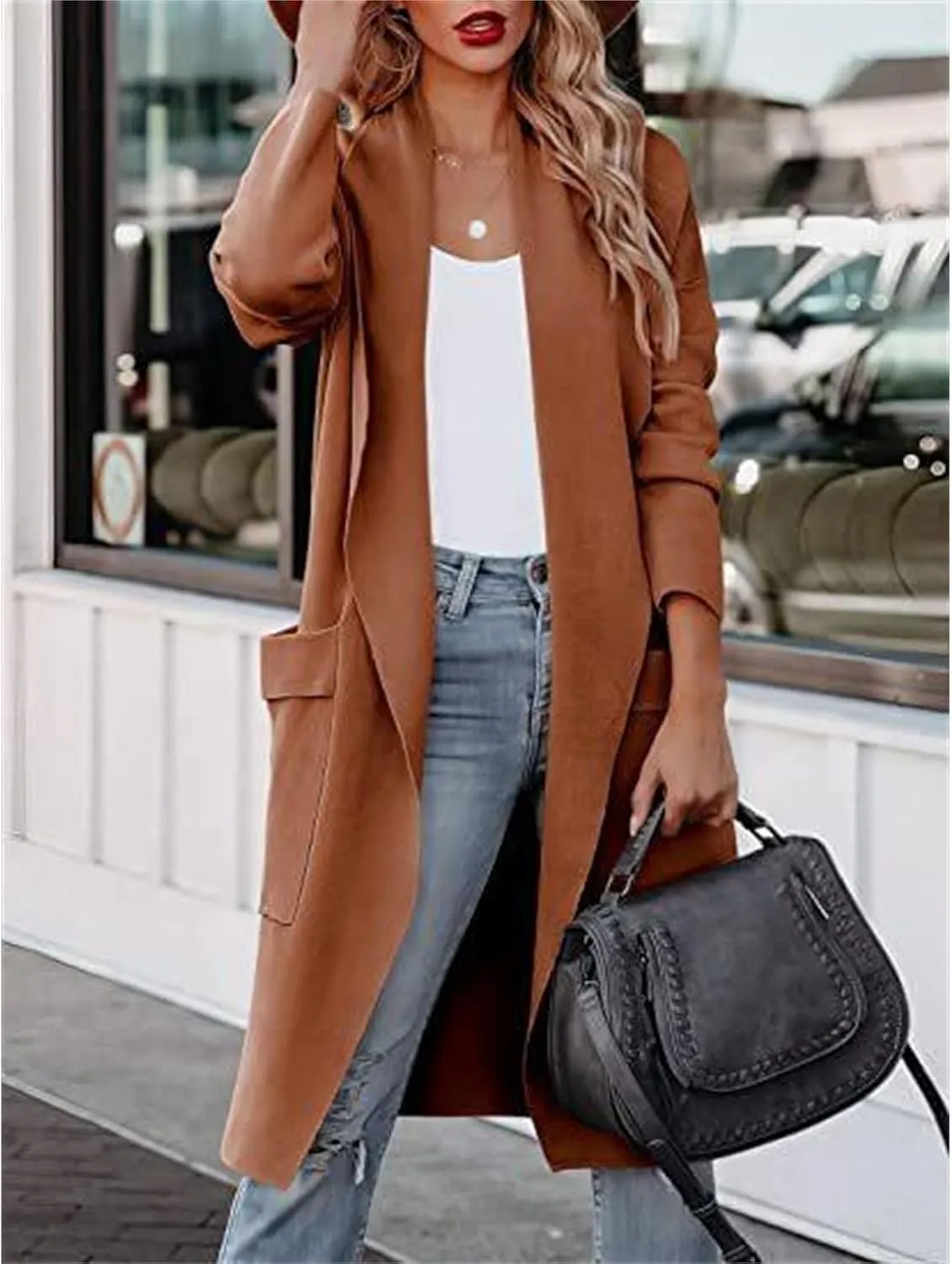 Maiyifu-GJ Women's Long Wool Blend Cardigan Sweaters Long Sleeve Lapel Casual Trench Coat Spring Fall Long Jacket Overcoat
