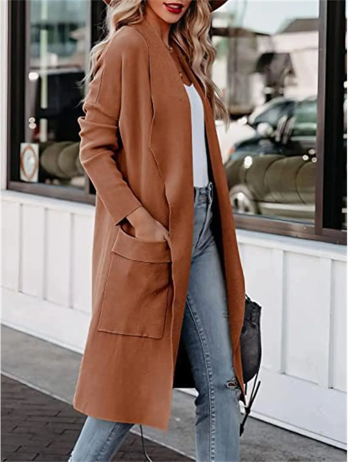 Maiyifu-GJ Women's Long Wool Blend Cardigan Sweaters Long Sleeve Lapel Casual Trench Coat Spring Fall Long Jacket Overcoat