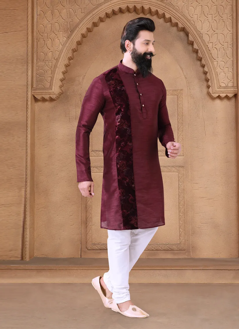 Maroon Silk Mens Kurta Pajama Set