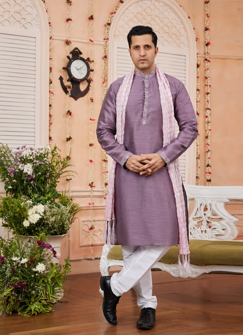 Mauve Art Banarasi Silk Mens Kurta Pajama Set With Stole