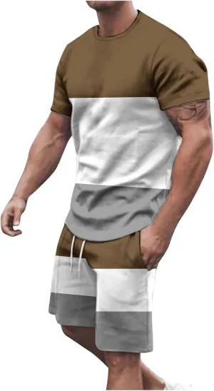 Men Outfits 2 Piece Casual Colorblock Crewneck Short Sleeve Tracksuit Colorblock T Shirt & Shorts Sweatsuit Set