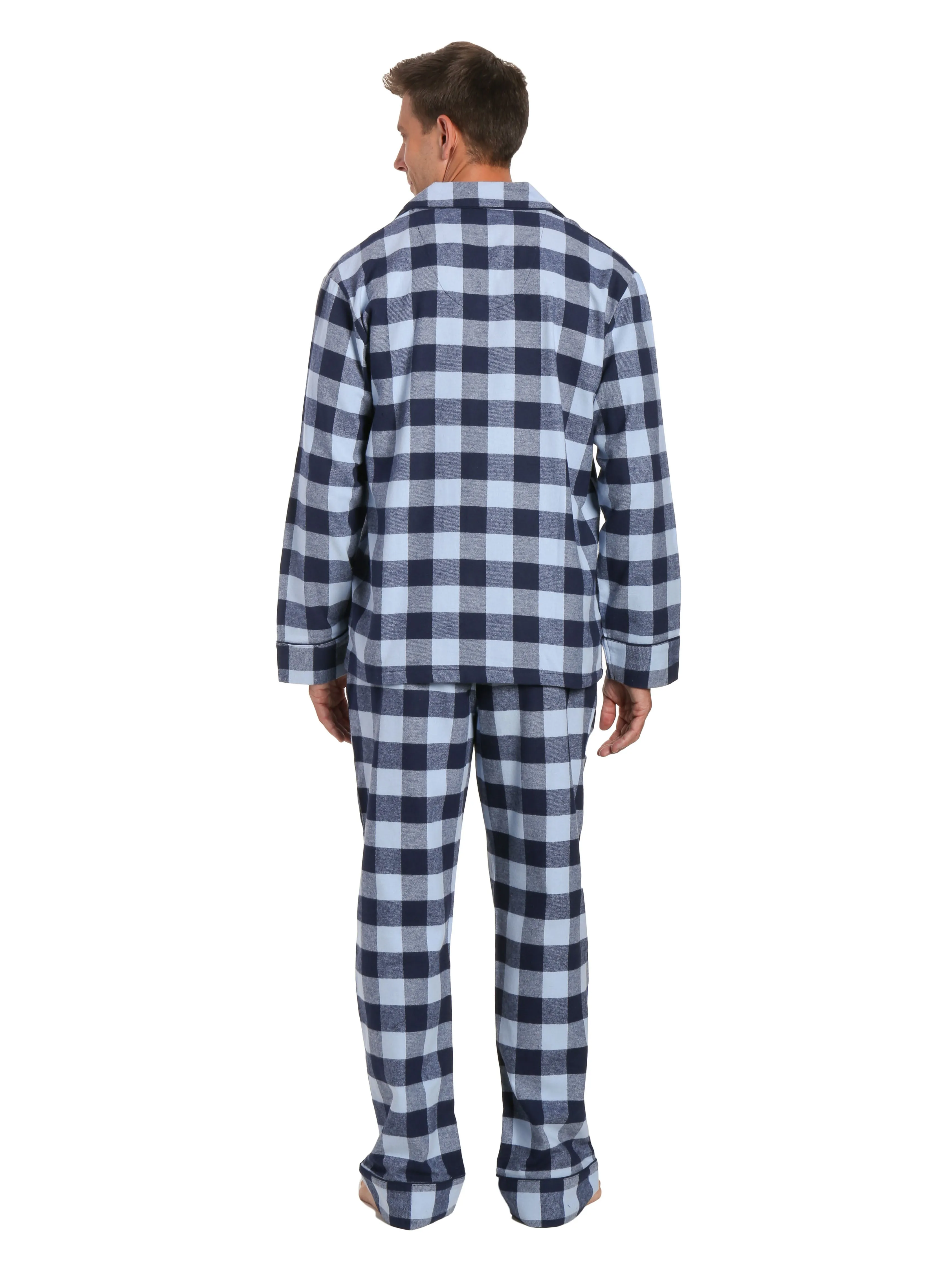 Mens 100% Cotton Flannel Pajama Set - Gingham Checks - Navy-Blue