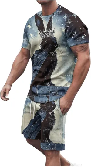 Mens 2 Piece Short Set Fashion Summer Beach Track Suit Cute Printed Tee and Shorts Set Workout Shirts Outfits