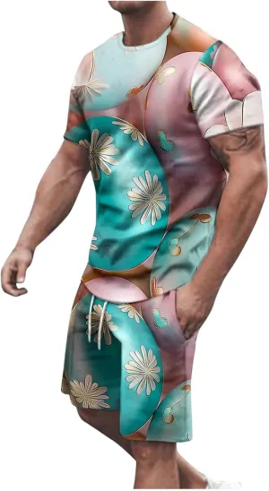 Mens 2 Piece Short Set Fashion Summer Beach Track Suit Cute Printed Tee and Shorts Set Workout Shirts Outfits