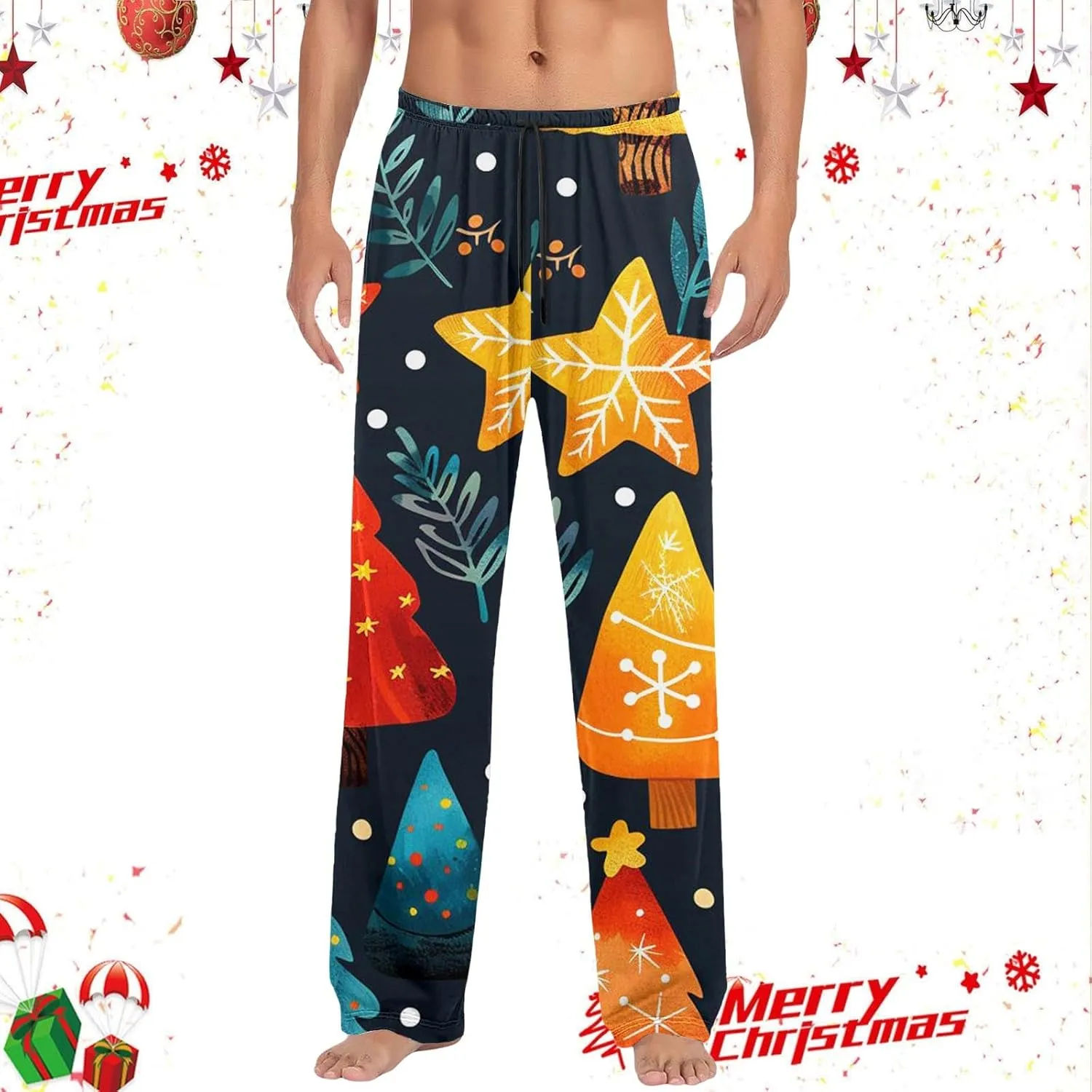 Mens Christmas Pajama Pants Funny Pajama Pant Soft Comfy Wide Leg Trousers Bell Bottom Sleep Clothing