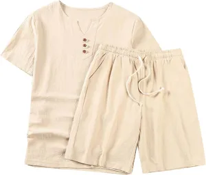 Men's Cotton Linen Plus Size Summer Tracksuits Sets 2 Piece Comfy Fitted Short Sleeve Henley Shirts and Shorts Beach