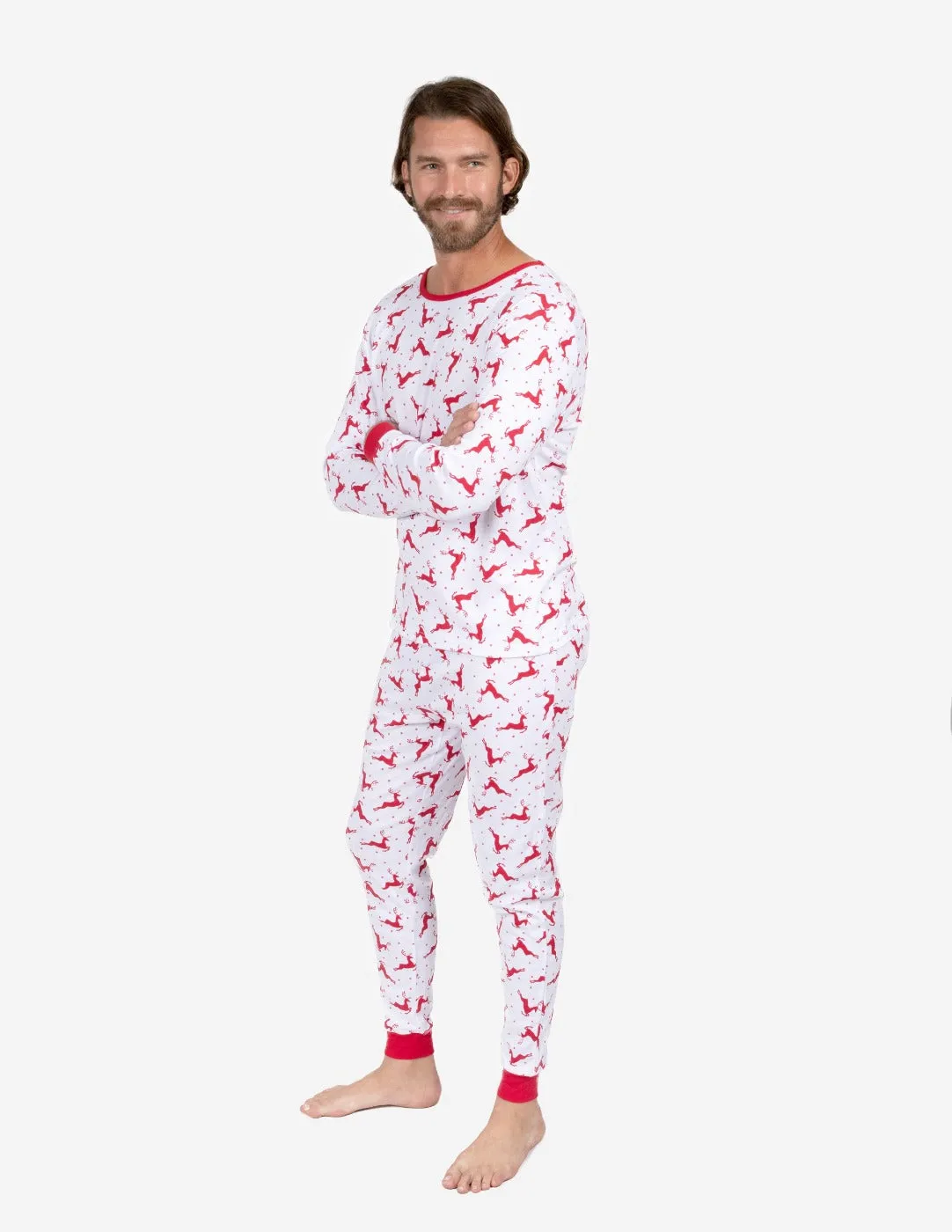 Mens Cotton Red & White Reindeer Pajamas