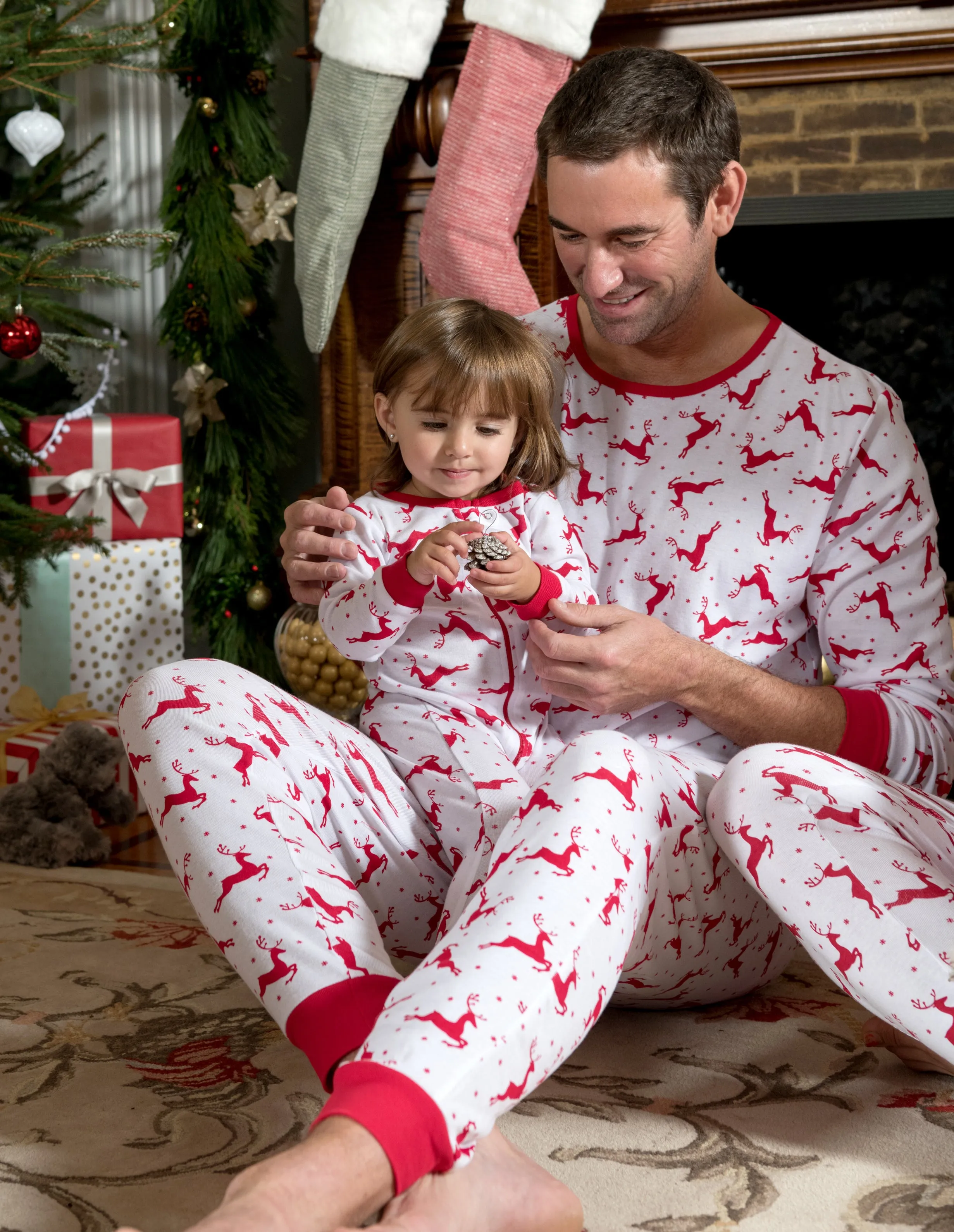 Mens Cotton Red & White Reindeer Pajamas