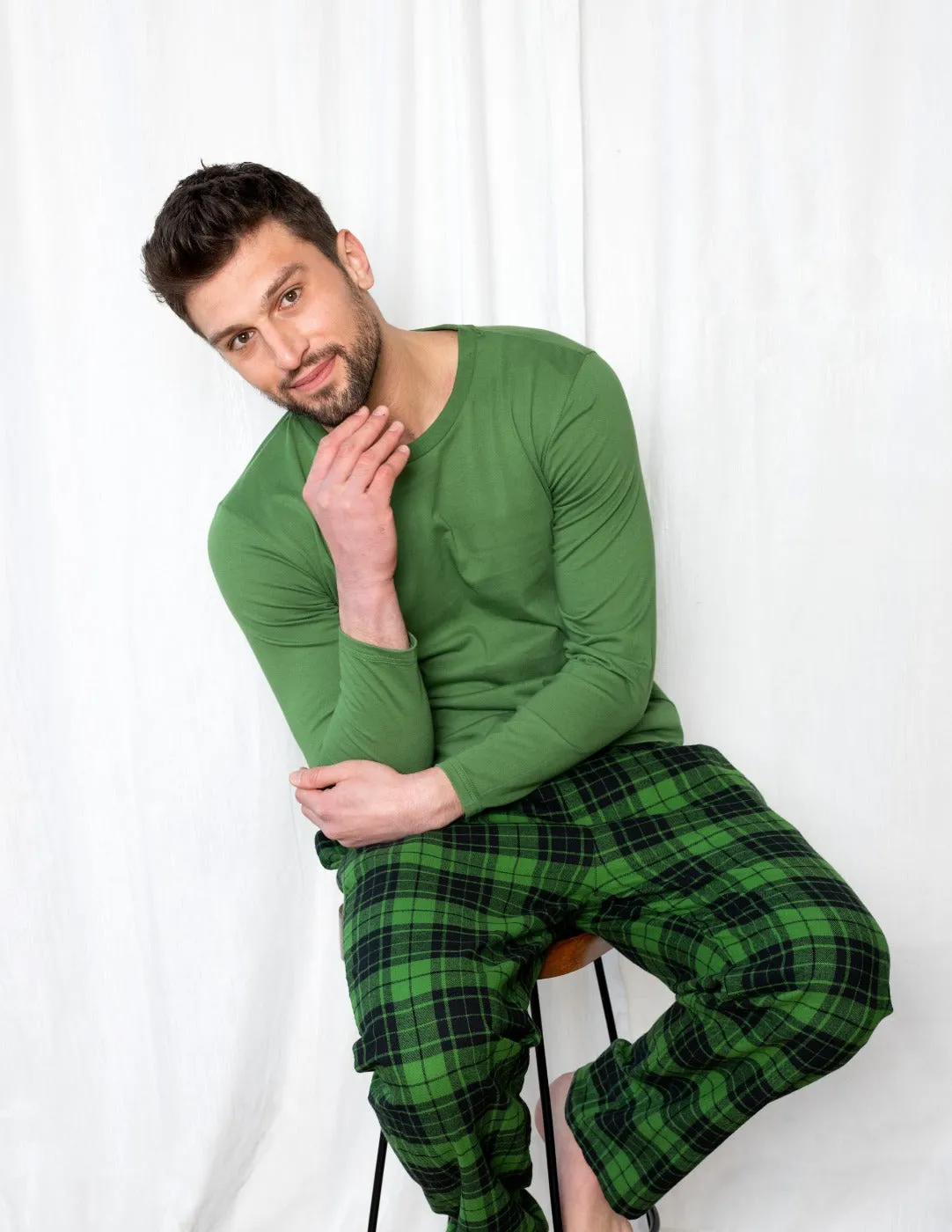 Mens Green & Black Plaid Flannel Set