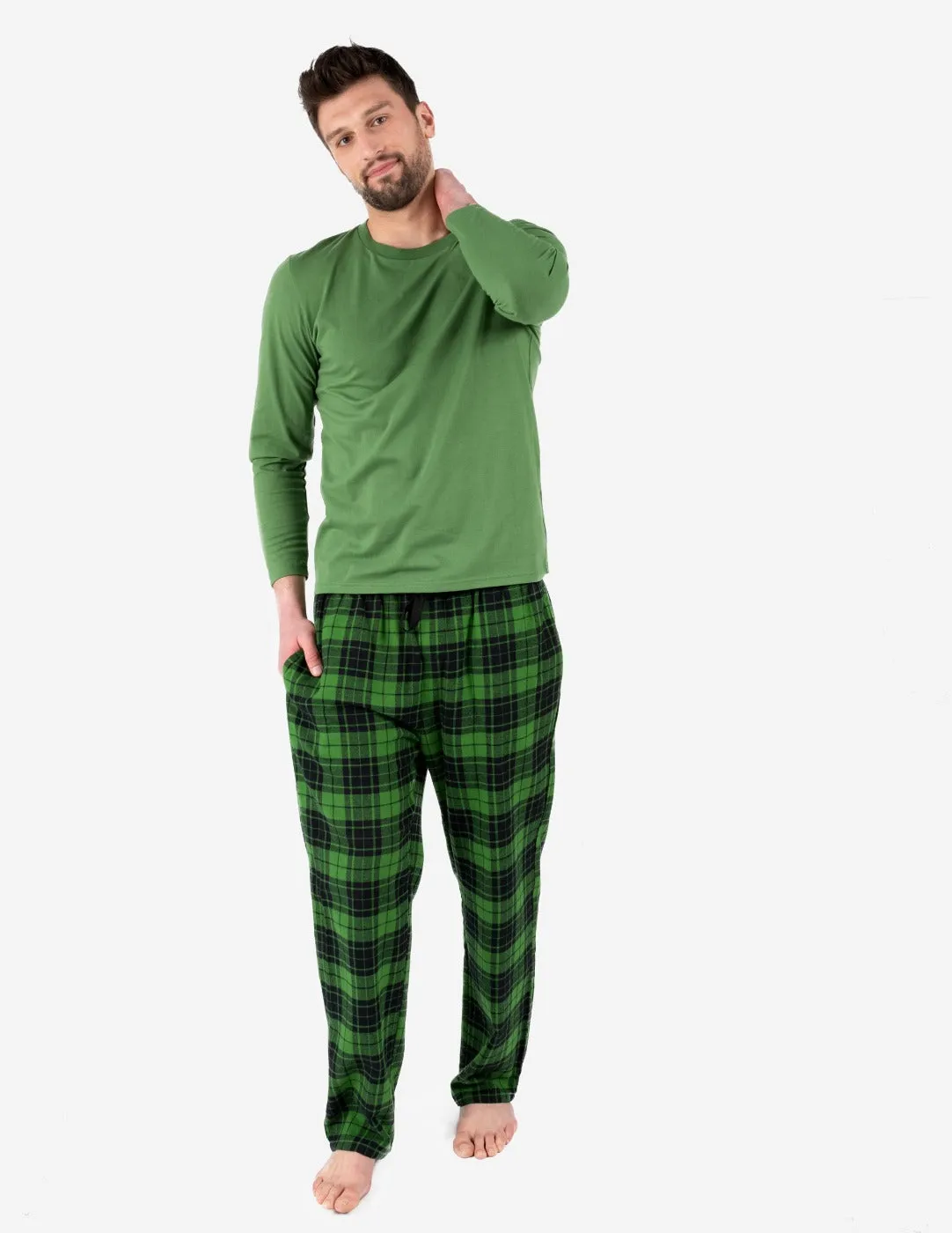 Mens Green & Black Plaid Flannel Set