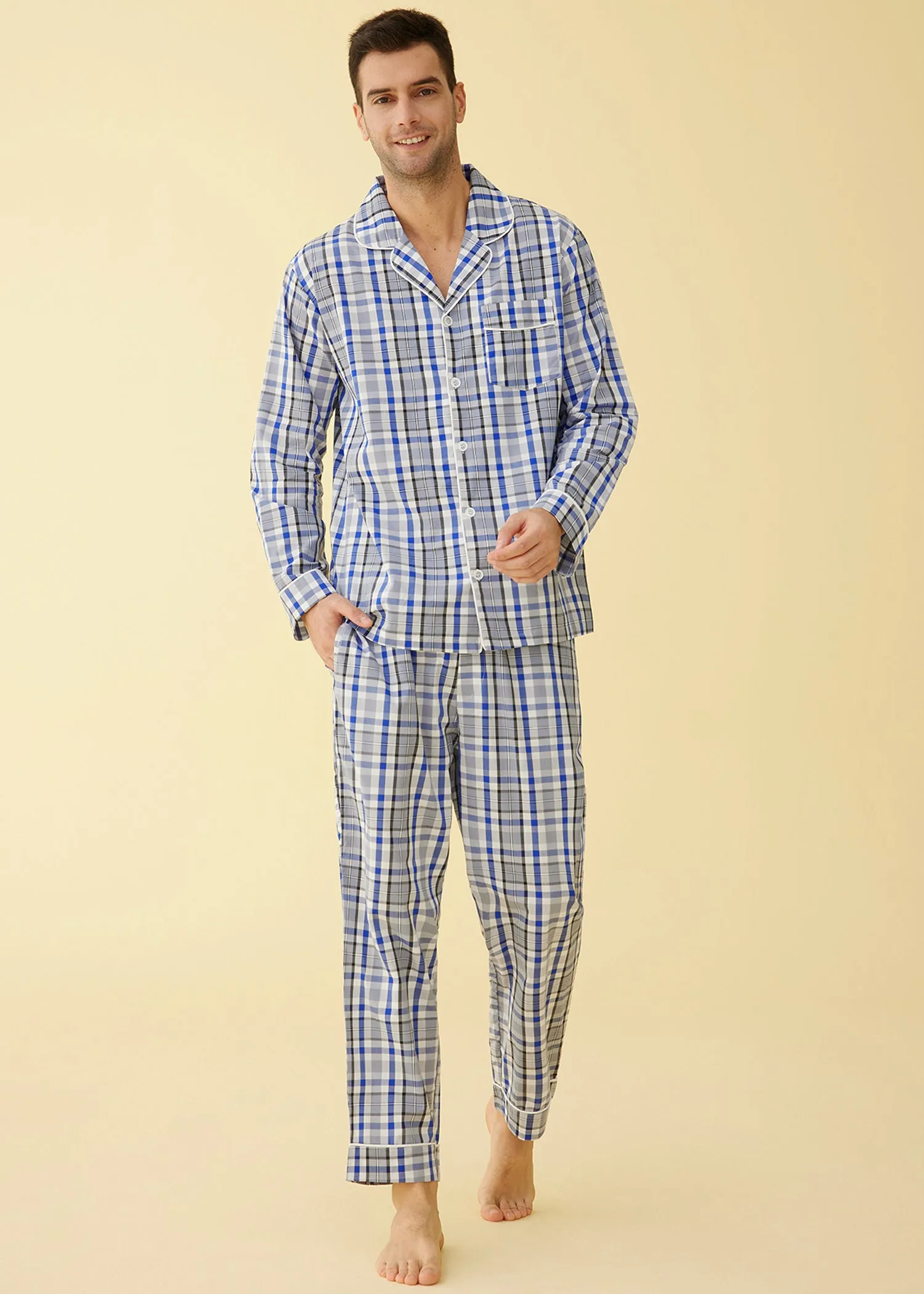 Men's Lightweight Cotton Pajamas Long Sleeves Shirt Pants Set