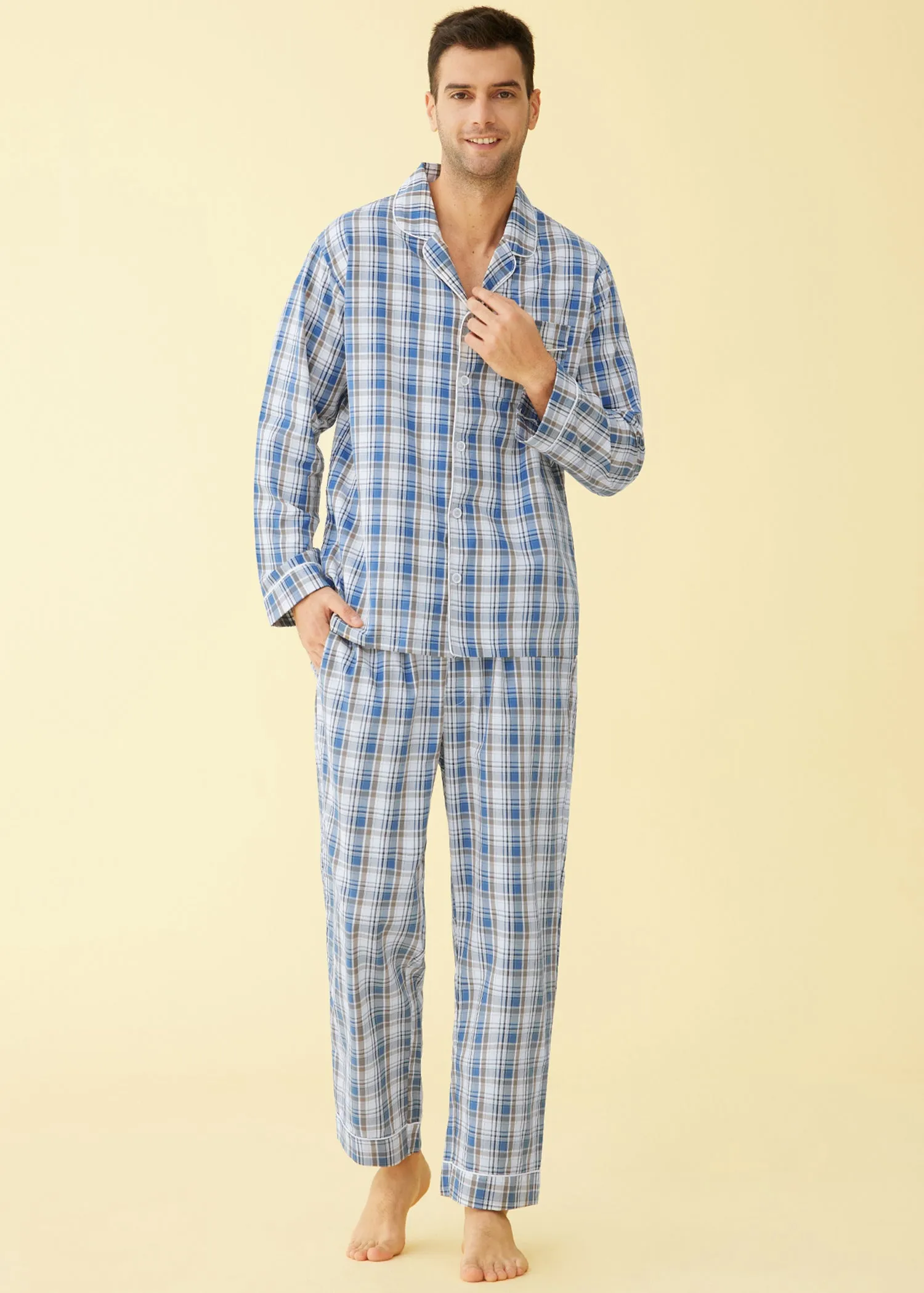 Men's Lightweight Cotton Pajamas Long Sleeves Shirt Pants Set