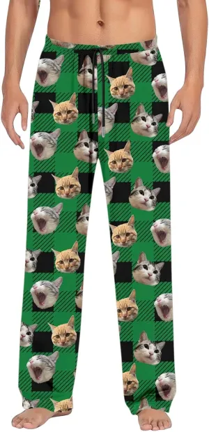 Mens Pajama Pants Plaid Pajama Pants Funny Cat Print Pajamas Pj Baggy Drawstring Sleep Lounge Bottoms with Pockets