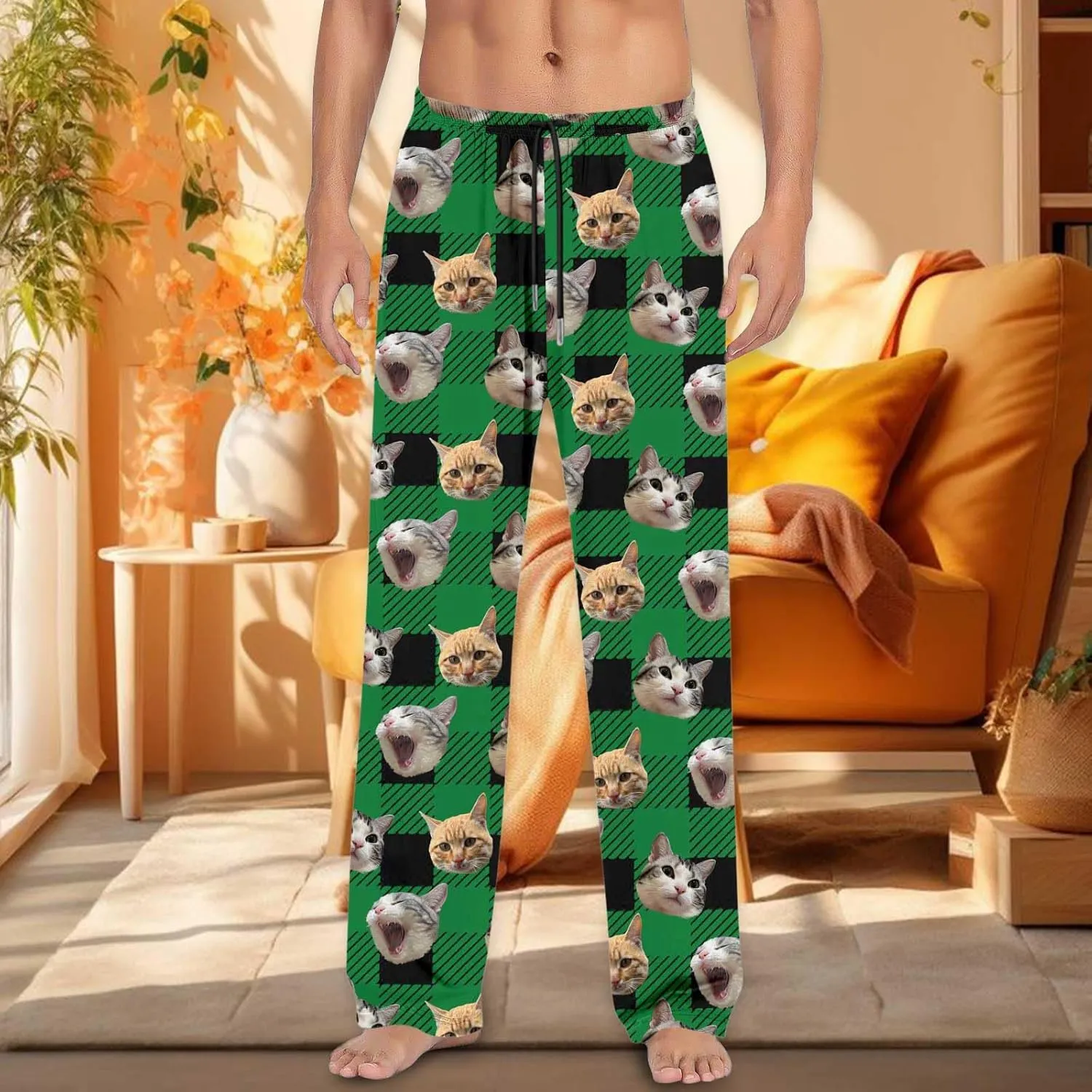 Mens Pajama Pants Plaid Pajama Pants Funny Cat Print Pajamas Pj Baggy Drawstring Sleep Lounge Bottoms with Pockets