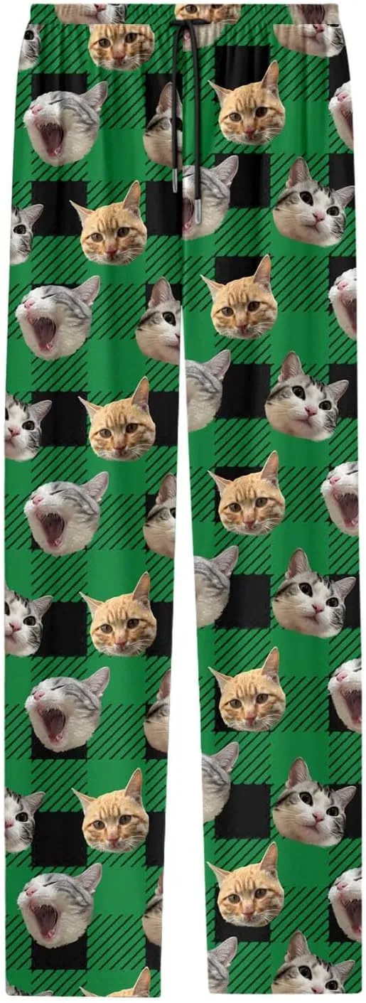 Mens Pajama Pants Plaid Pajama Pants Funny Cat Print Pajamas Pj Baggy Drawstring Sleep Lounge Bottoms with Pockets