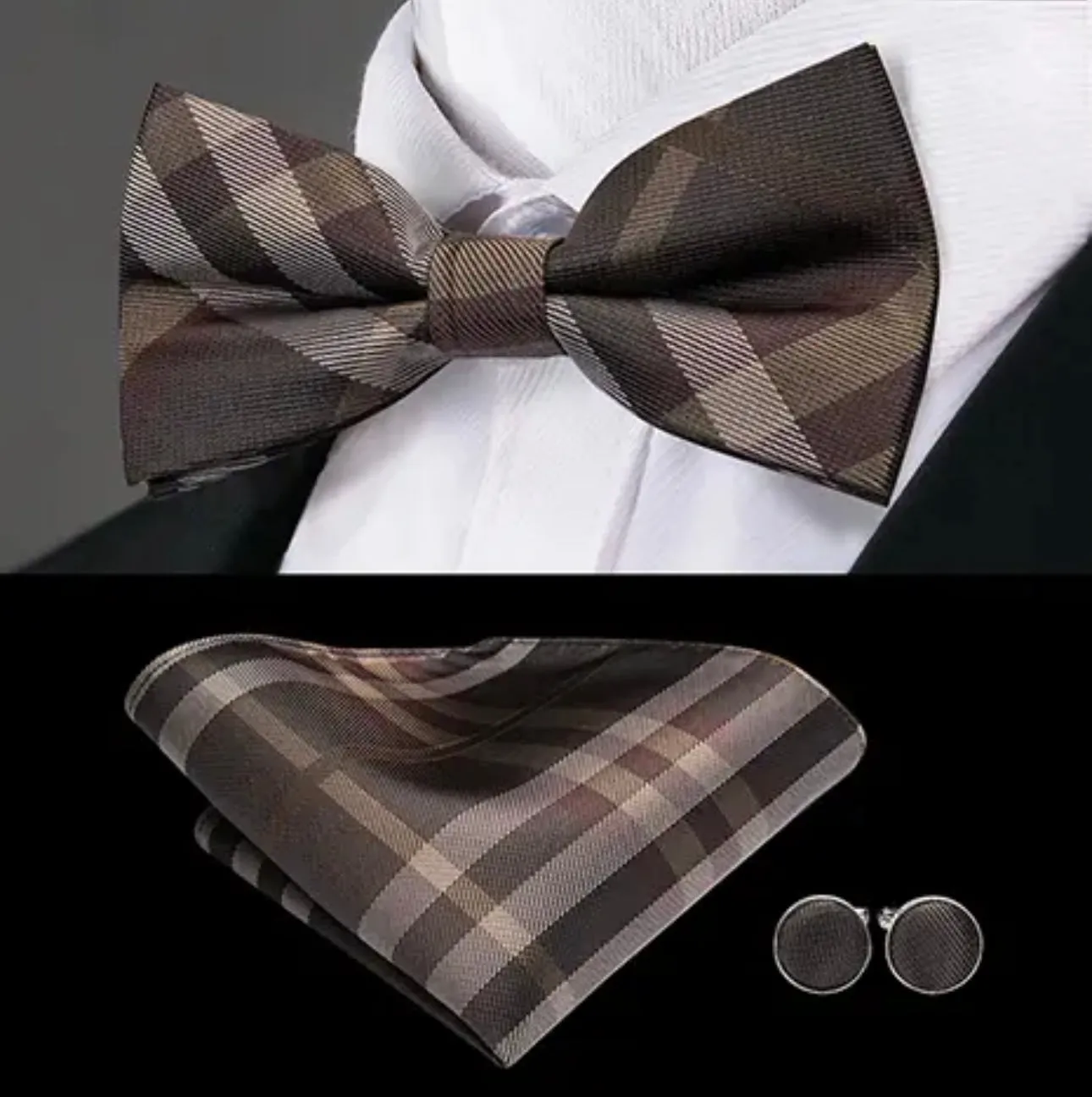 Men’s Silk Coordinated Black Bow Tie Set - Brown Plaid 0777