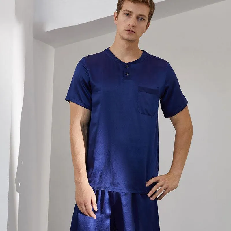 Mens Solid Classic Short Silk Pajamas Set 100% Mulberry Silk 2-piece Silk Sleepwear