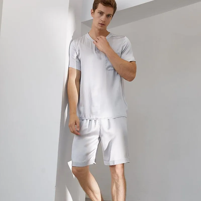 Mens Solid Classic Short Silk Pajamas Set 100% Mulberry Silk 2-piece Silk Sleepwear