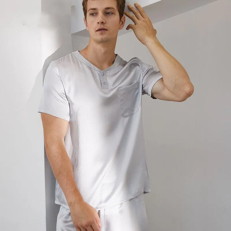Mens Solid Classic Short Silk Pajamas Set 100% Mulberry Silk 2-piece Silk Sleepwear