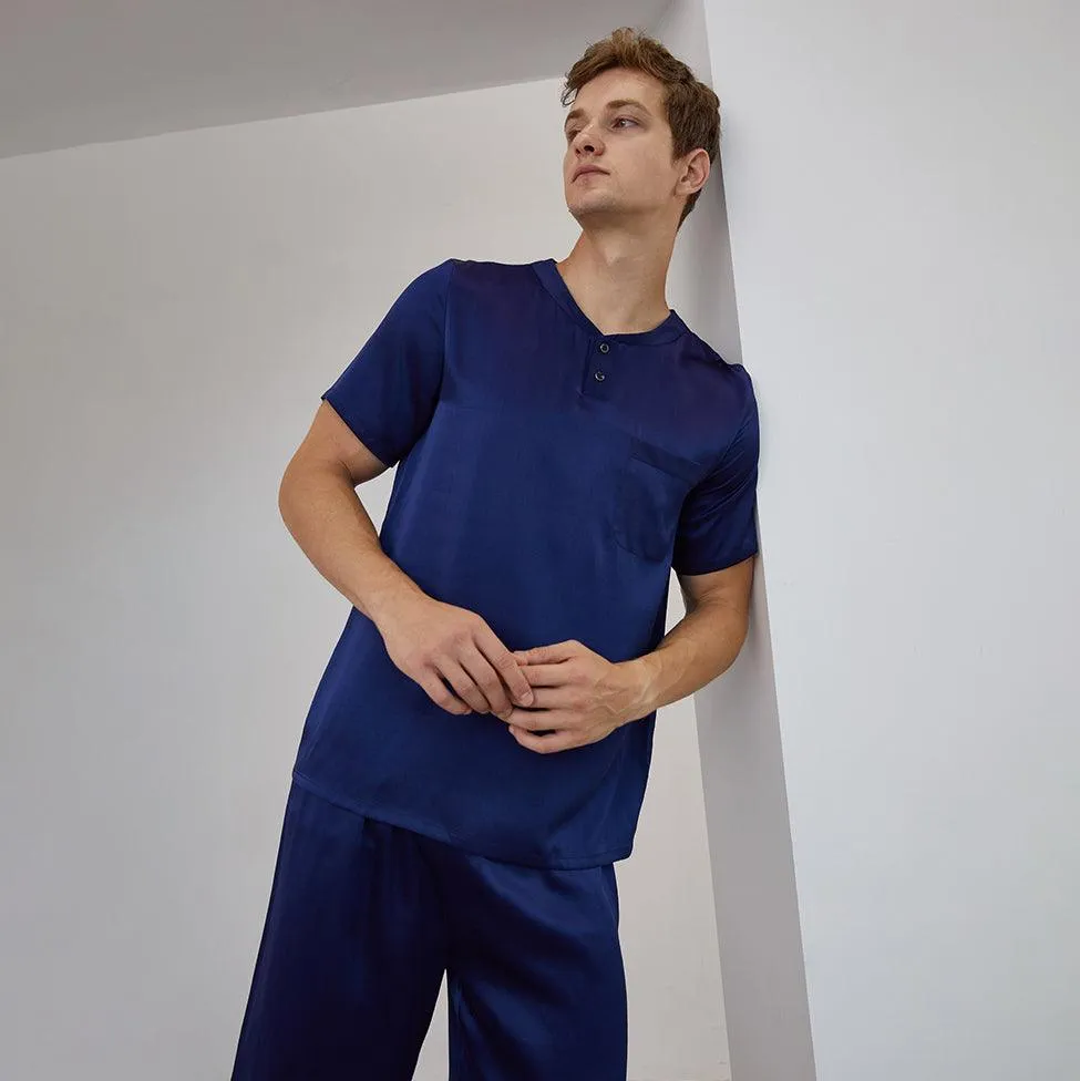 Mens Solid Classic Short Silk Pajamas Set 100% Mulberry Silk 2-piece Silk Sleepwear