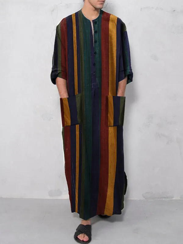 Mens Striped Button Long Sleeve Baggy Full Length Robe SKUF63207