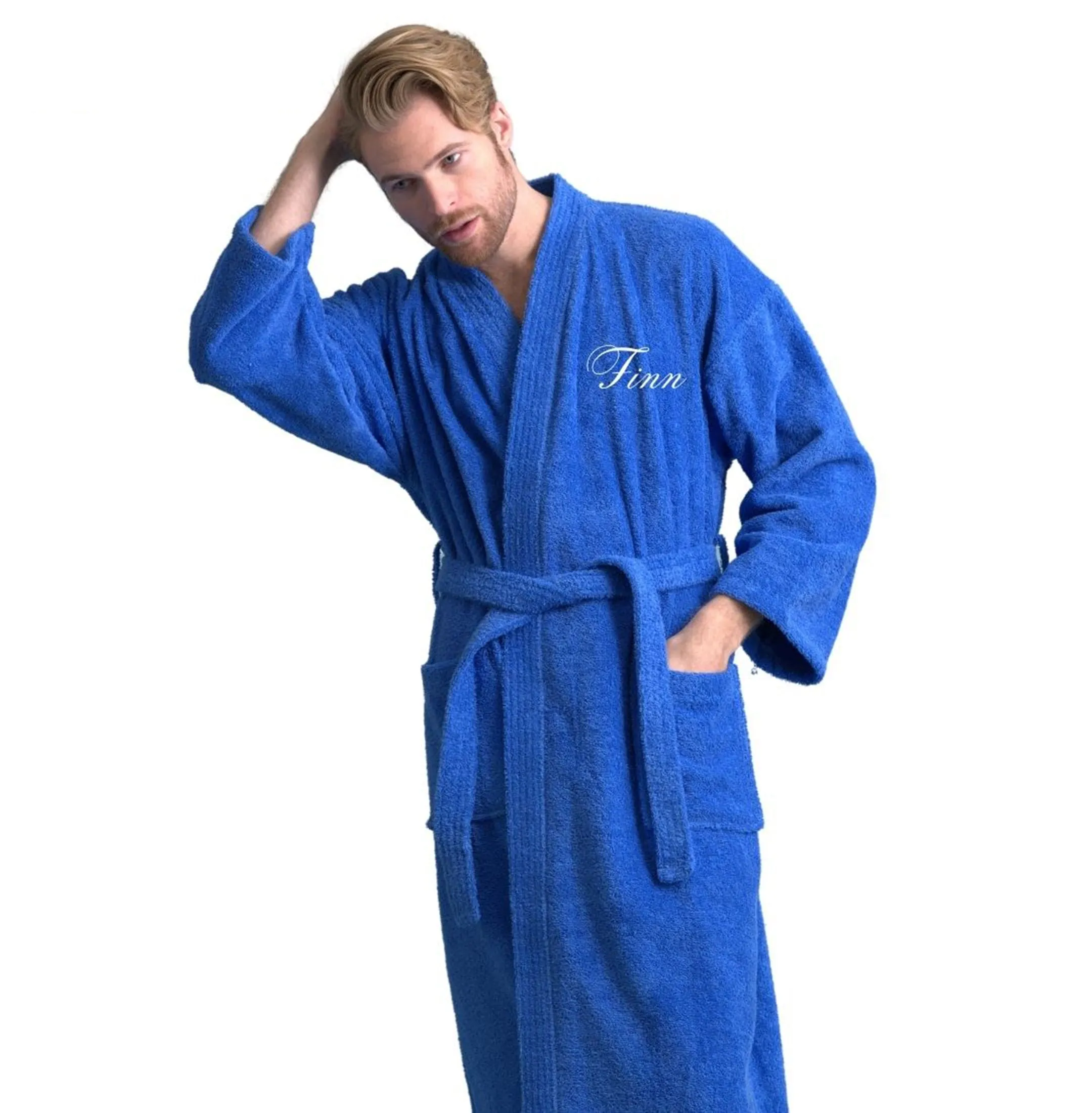 Men's Terry Cloth Bathrobe, Kimono Style cotton Turkish robe, Luxury & Comfortable, (Royal Blue)