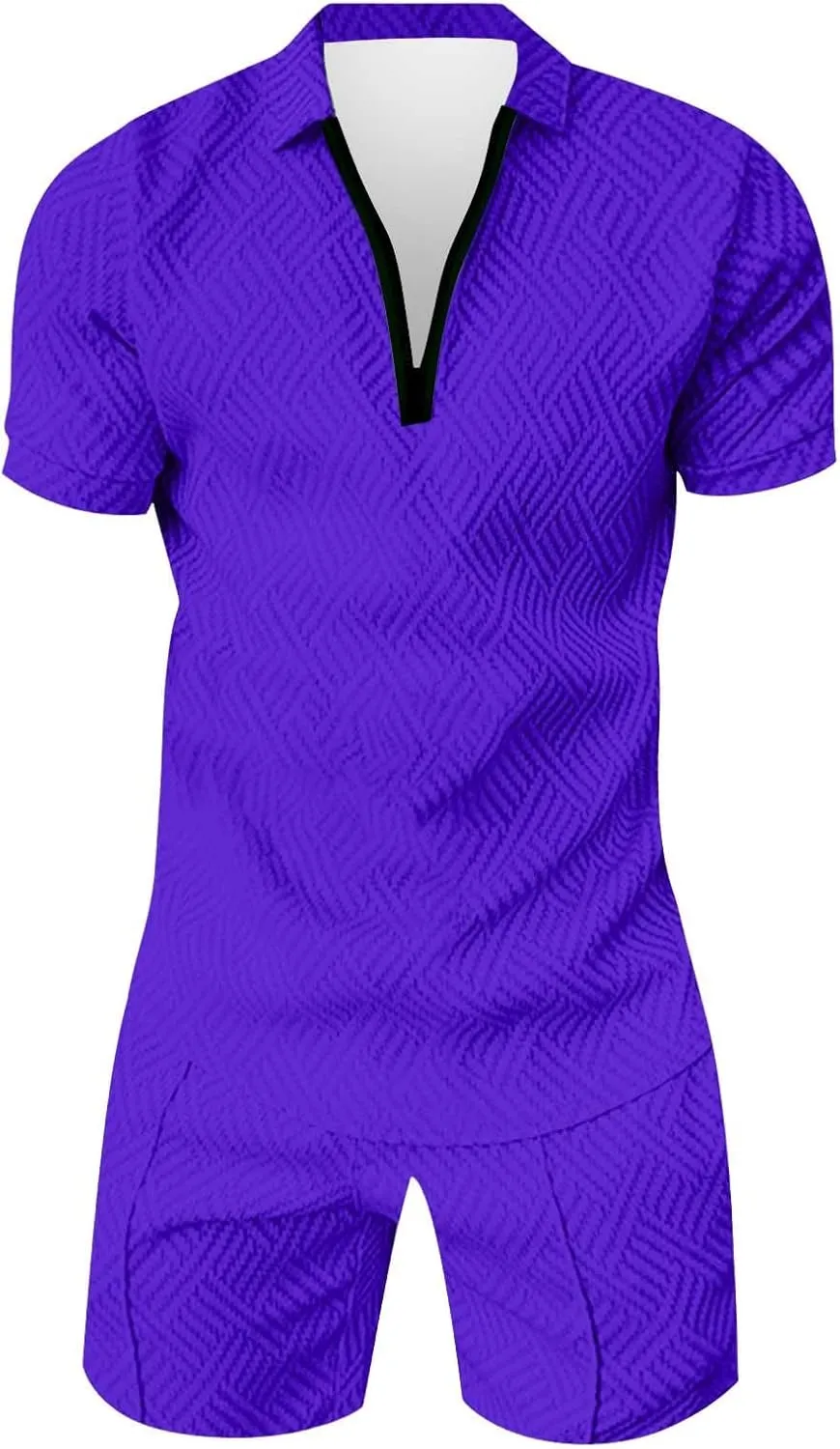 Men's Track Suits 2 Piece Striped Quarter Zipper Summer Sets Outfits Polo Shirt Breathable Casual Short Sleeve and Shorts Set