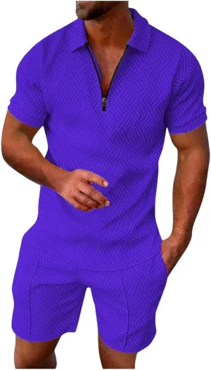 Men's Track Suits 2 Piece Striped Quarter Zipper Summer Sets Outfits Polo Shirt Breathable Casual Short Sleeve and Shorts Set