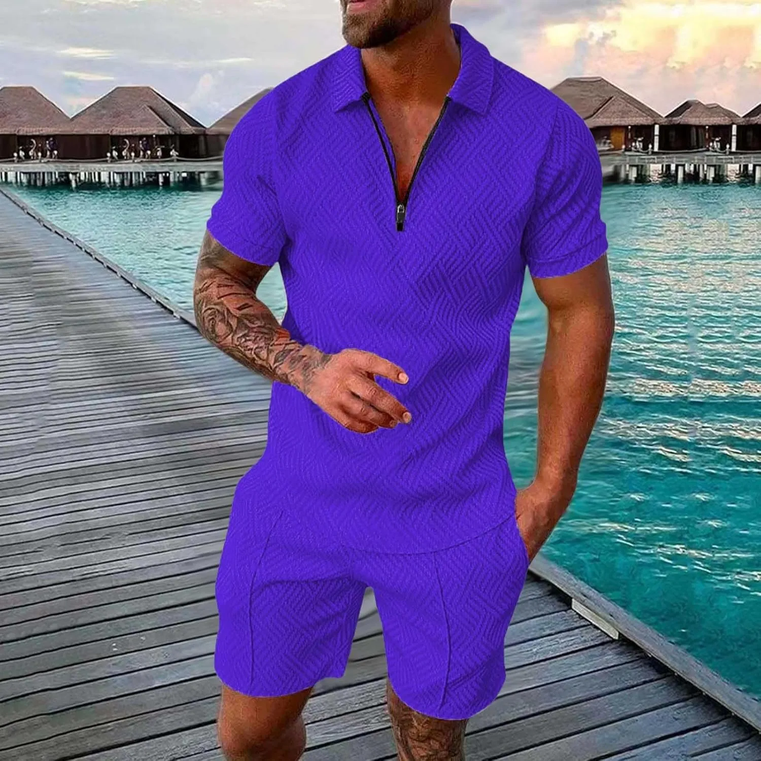 Men's Track Suits 2 Piece Striped Quarter Zipper Summer Sets Outfits Polo Shirt Breathable Casual Short Sleeve and Shorts Set