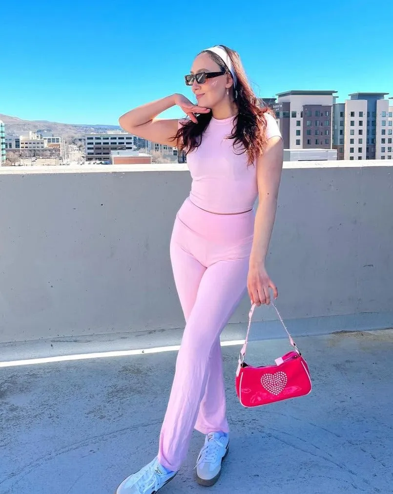 MEROKEETY Short Sleeve Crop Top Flare Pants Lounge Set
