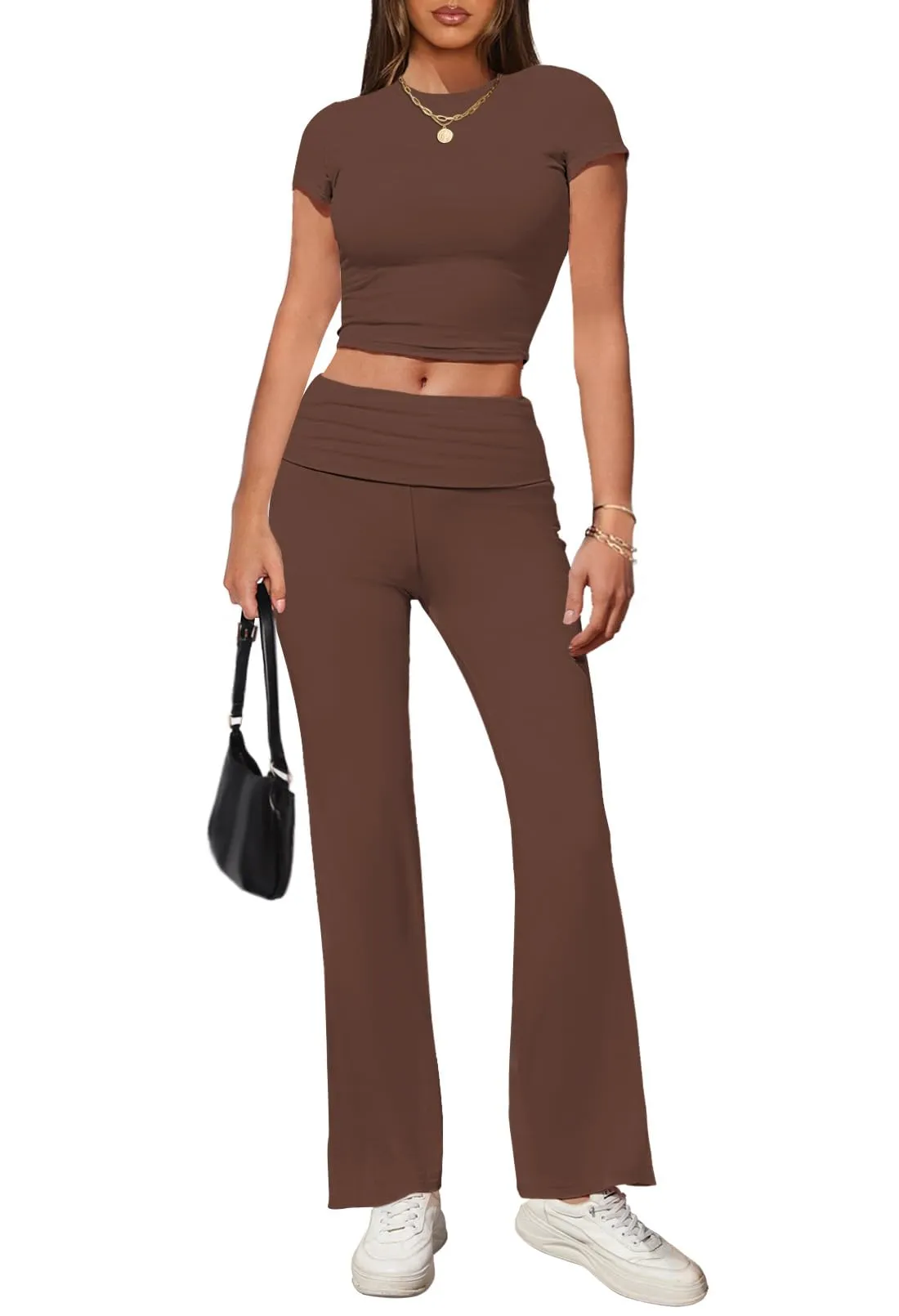 MEROKEETY Short Sleeve Crop Top Flare Pants Lounge Set