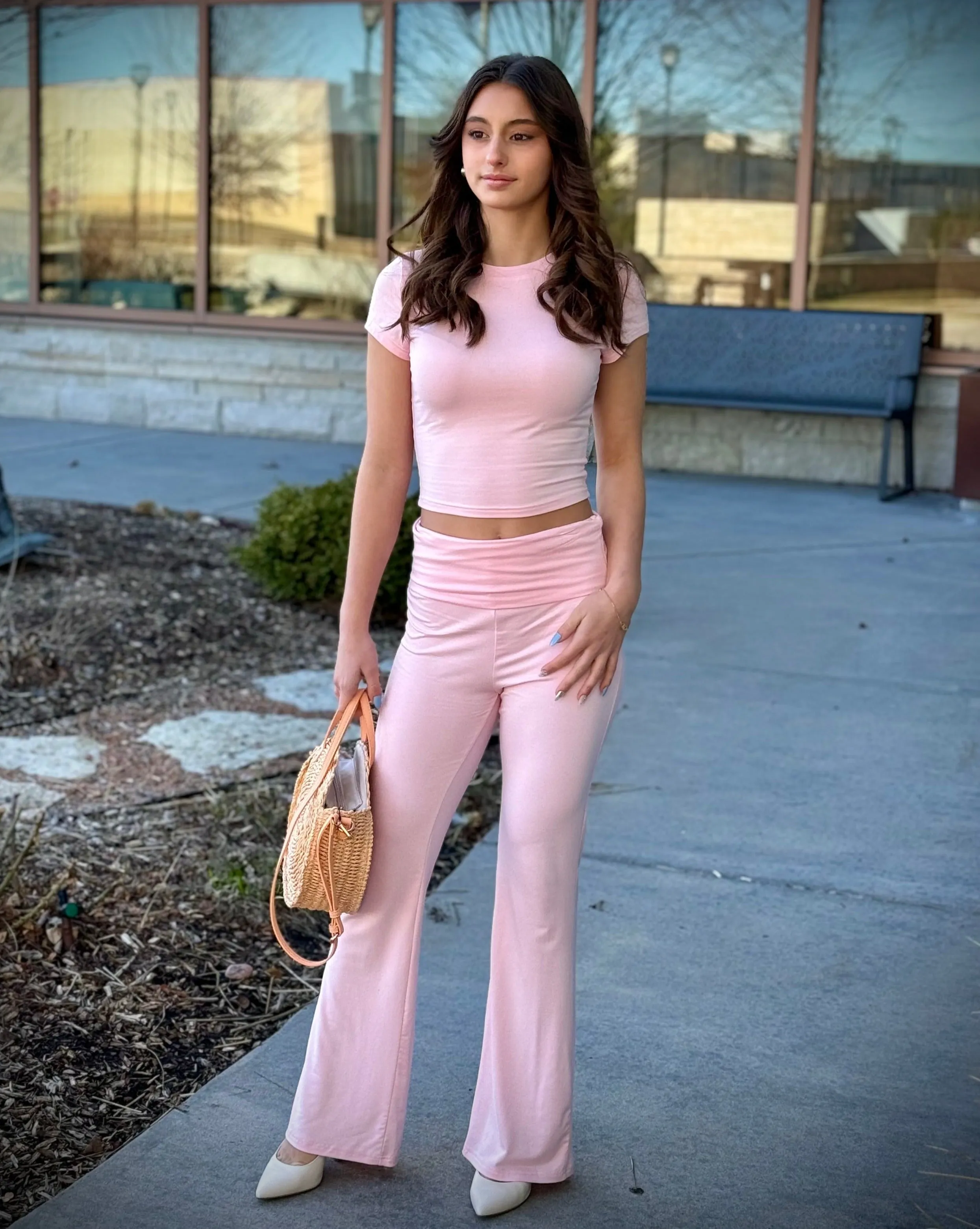 MEROKEETY Short Sleeve Crop Top Flare Pants Lounge Set