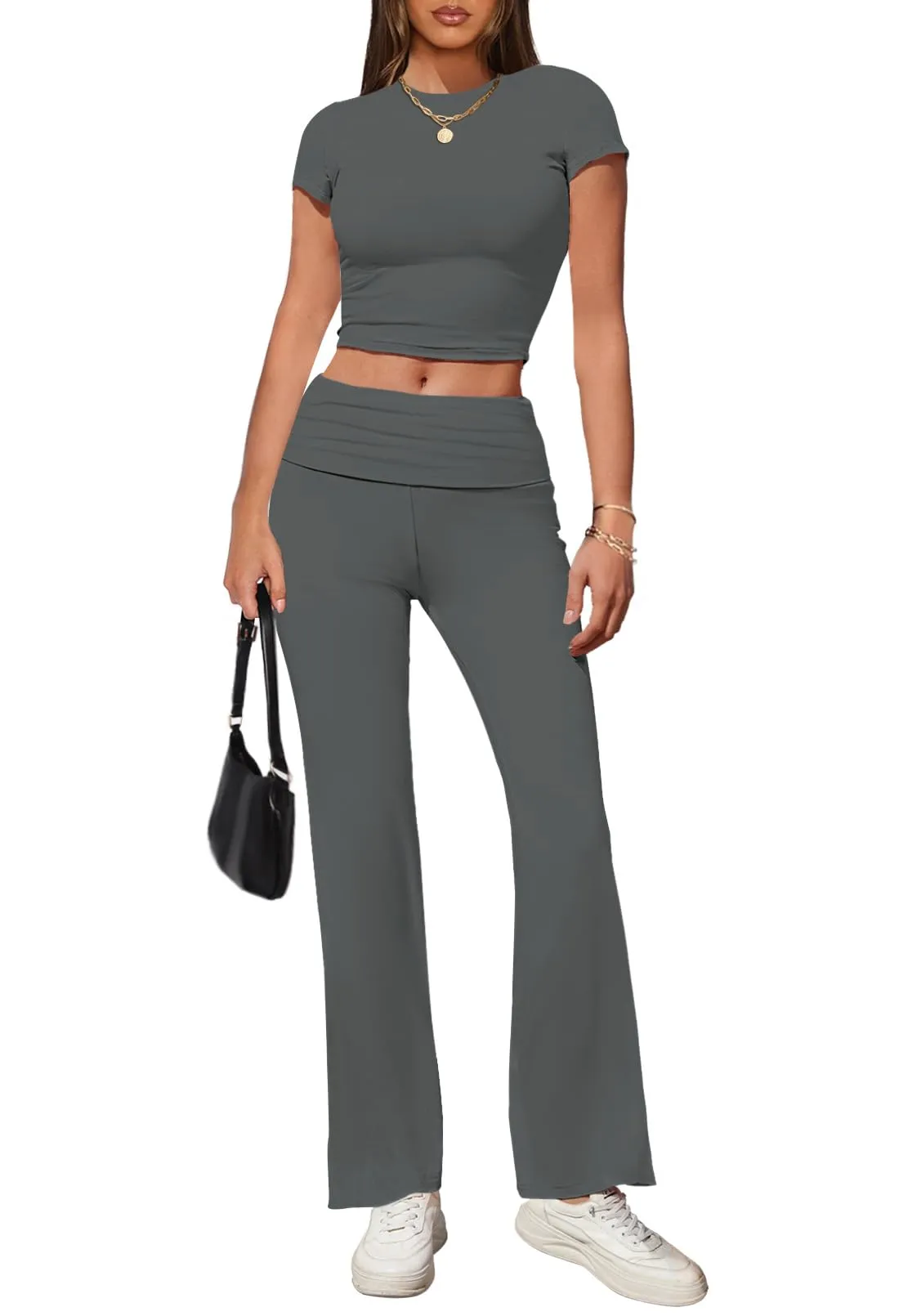 MEROKEETY Short Sleeve Crop Top Flare Pants Lounge Set