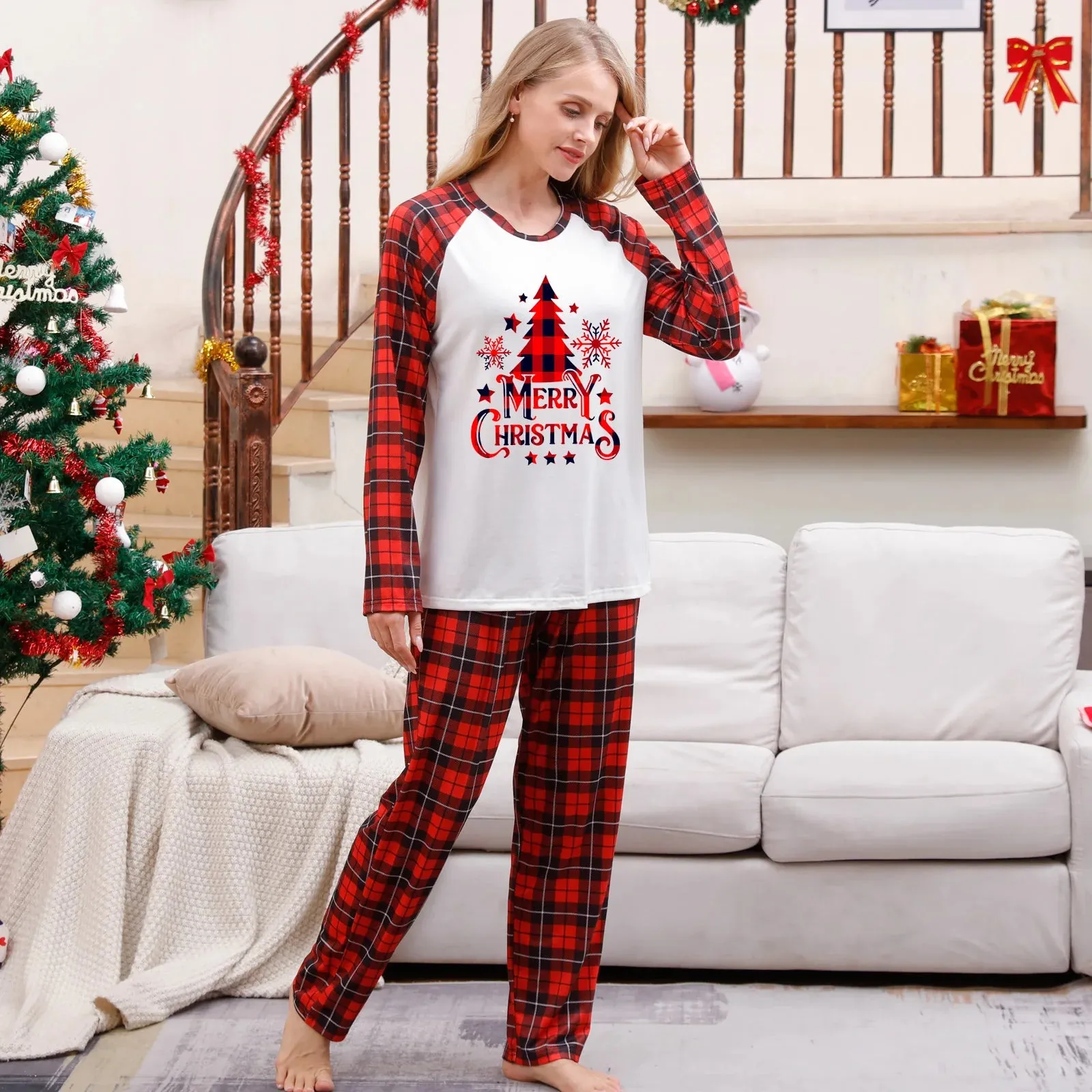 Merry Christmas Green Tree Plaid Print Pajamas Set Adults Kids Matching Outfits Baby Romper Xmas Family Look Casual Soft Pyjamas