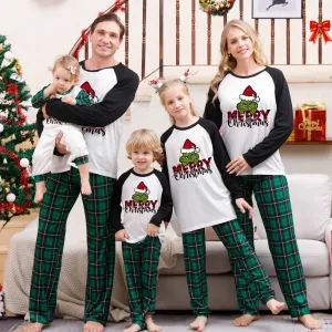 Merry Christmas parent-child holiday matching pajamas with green plaid pattern