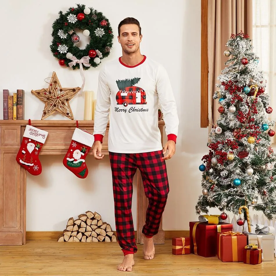 Merry Christmas Plaid Car Carrying Christmas Tree Family Matching Pajamas Set