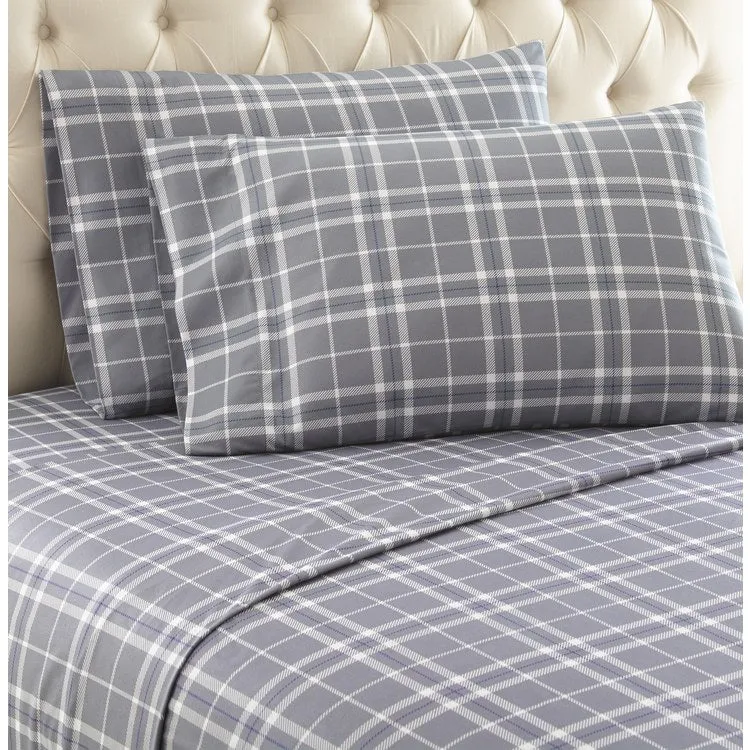 Micro Flannel Printed Deep-Pocket Sheet Set - Twin/Carlton Plaid Gray