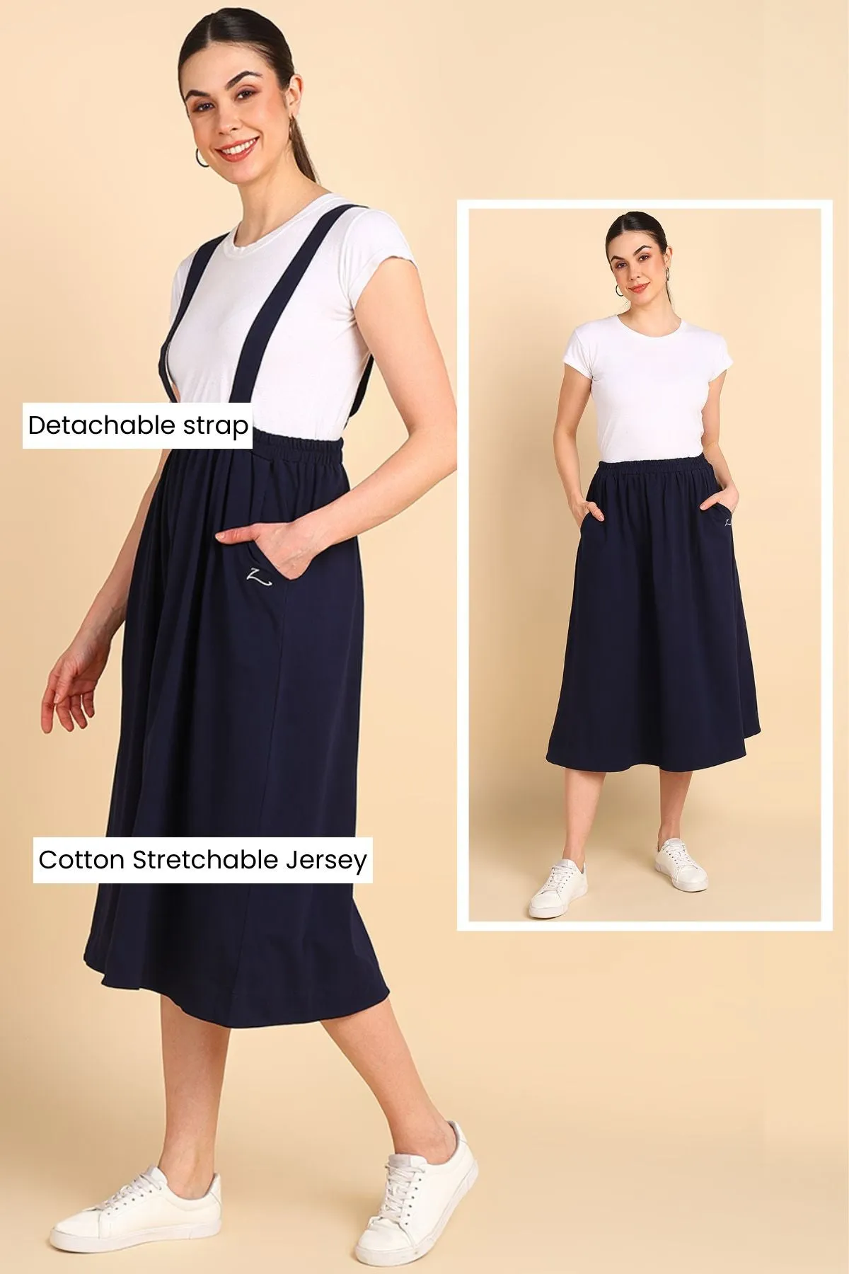 Midnight Blue 100% Cotton Jersey Maternity Skirt with Detachable Strap & Pockets