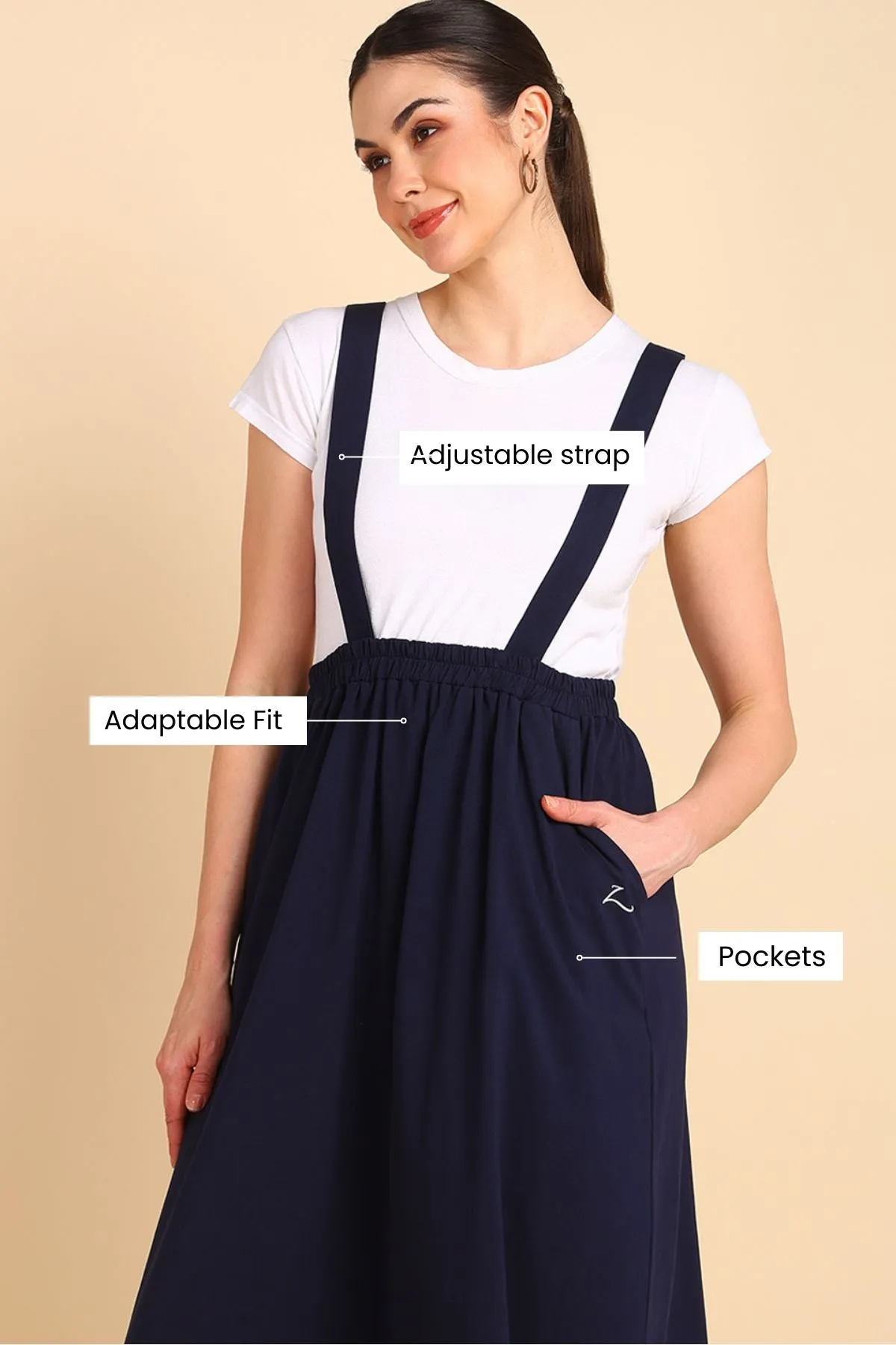 Midnight Blue 100% Cotton Jersey Maternity Skirt with Detachable Strap & Pockets