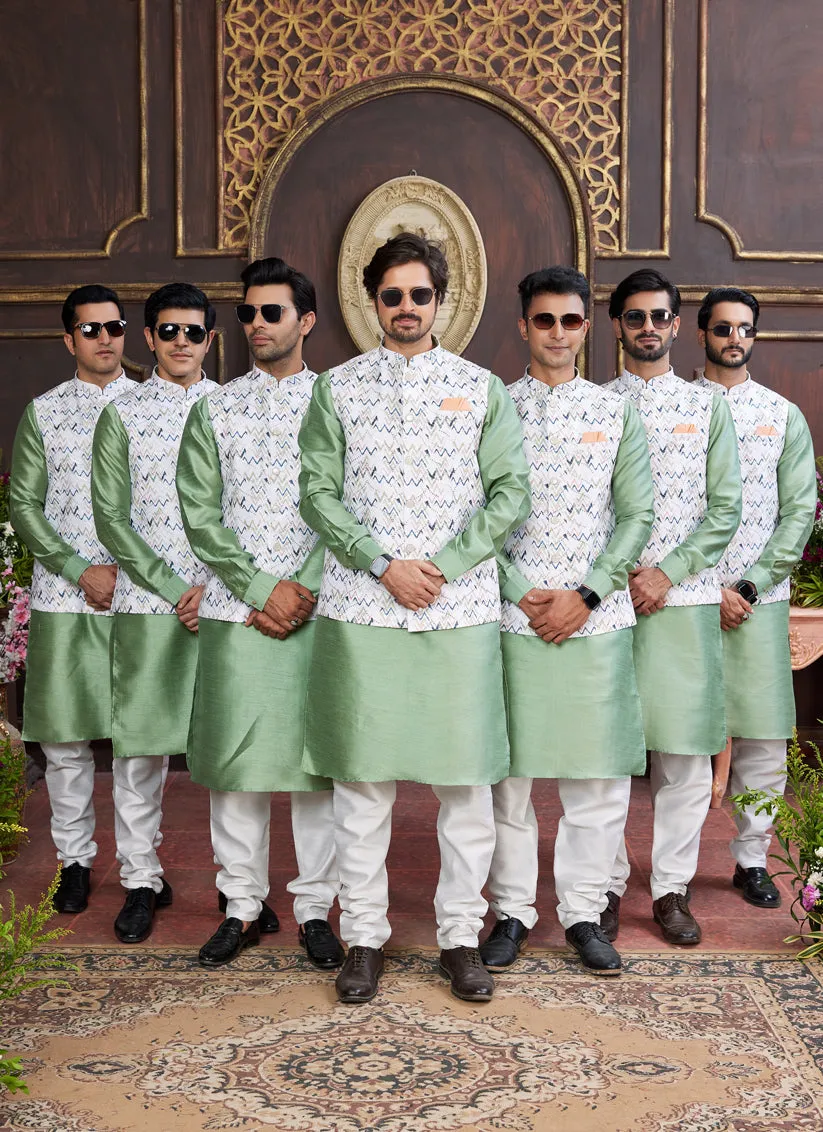 Mint Green Art Banarasi Silk Mens Kurta Pajama Set With Jacket
