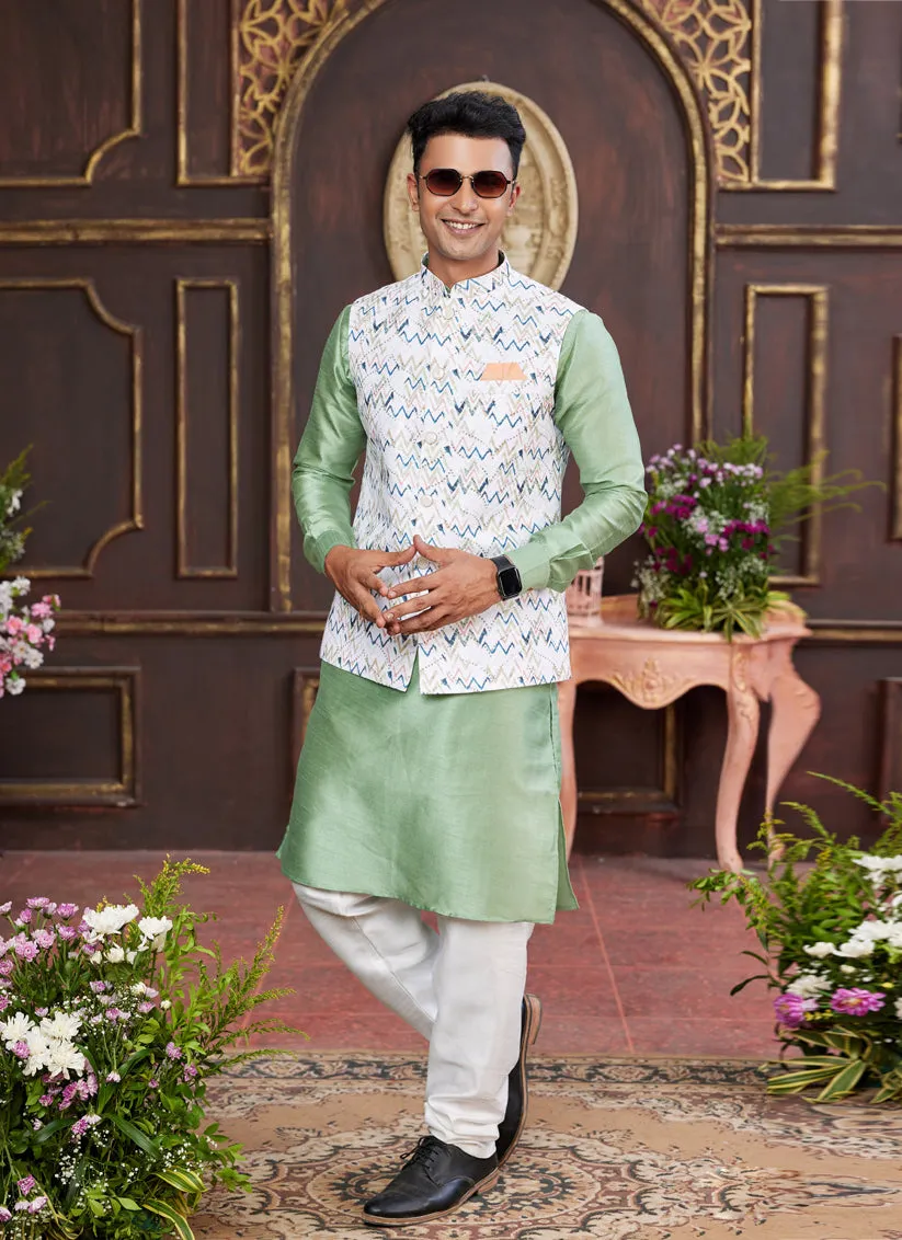 Mint Green Art Banarasi Silk Mens Kurta Pajama Set With Jacket