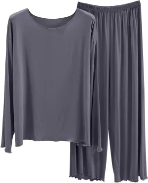 Modal Pajamas Suits for Women Crew Neck Long Sleeve Tops Straight Leg Trousers Thin Soft Comfy Casual Loungewear Sets