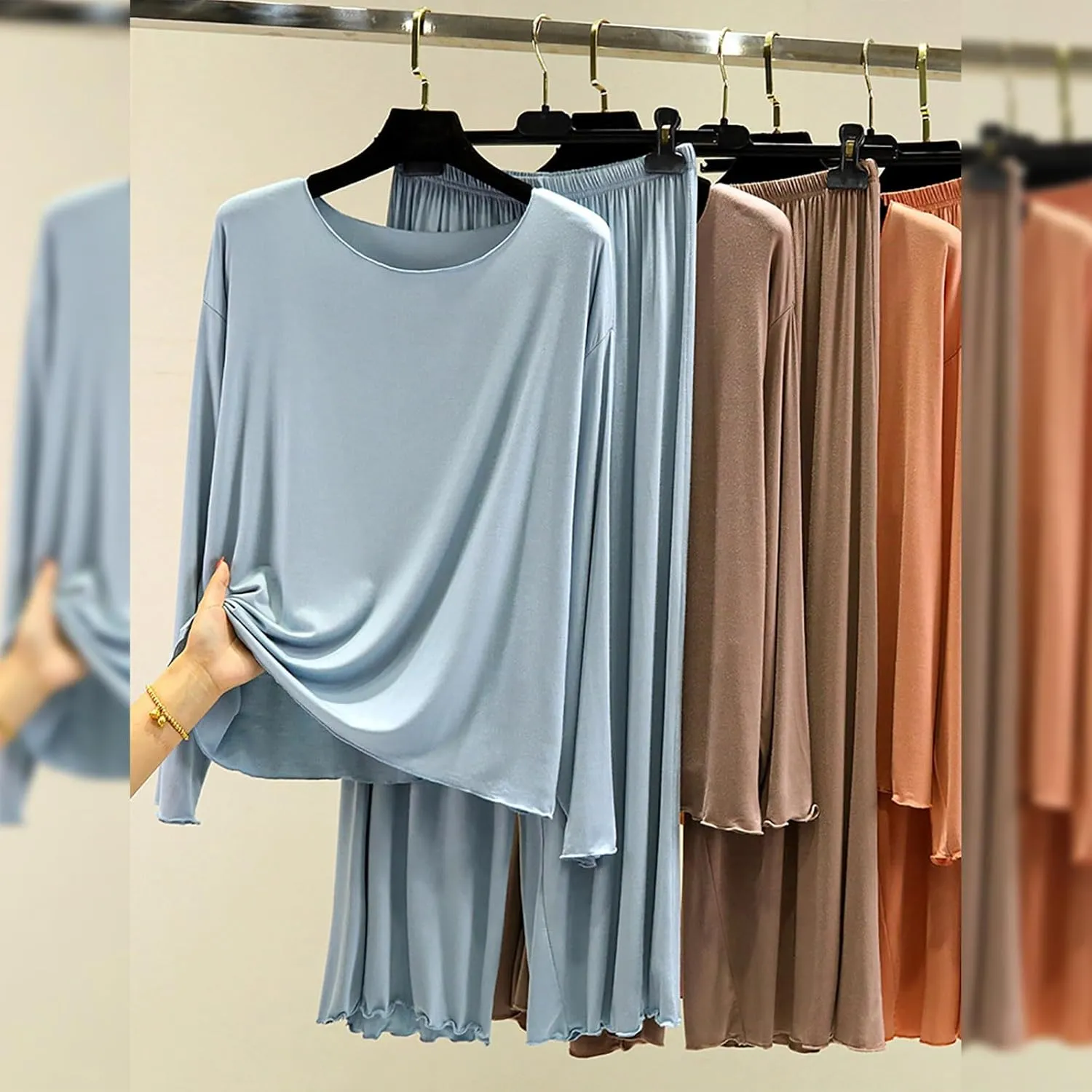 Modal Pajamas Suits for Women Crew Neck Long Sleeve Tops Straight Leg Trousers Thin Soft Comfy Casual Loungewear Sets