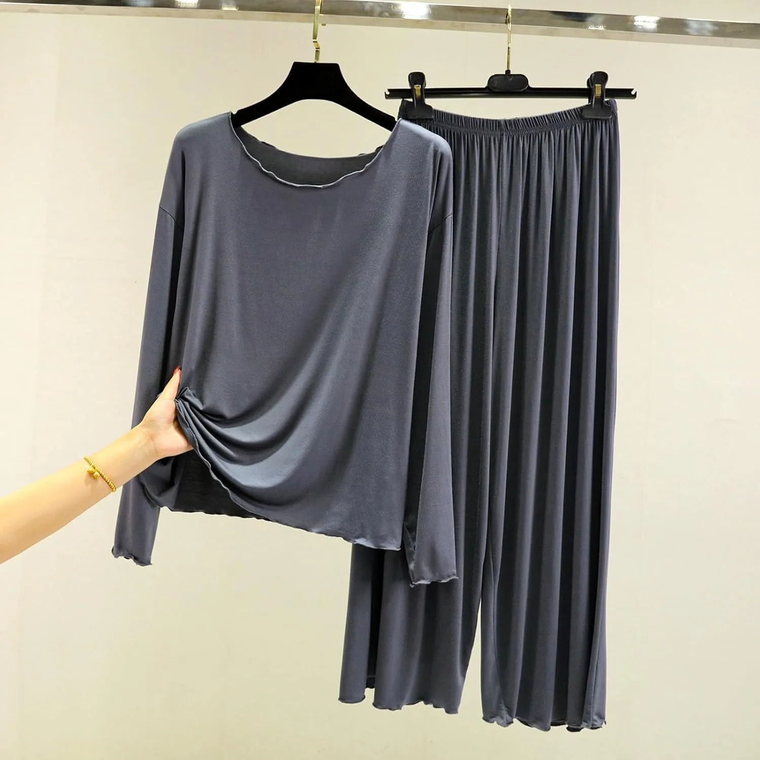 Modal Pajamas Suits for Women Crew Neck Long Sleeve Tops Straight Leg Trousers Thin Soft Comfy Casual Loungewear Sets