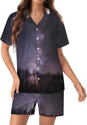 Moon Phases Night Star Satin Pajamas For Women Set Botton Down Short Sleeves Silk Sleepwear