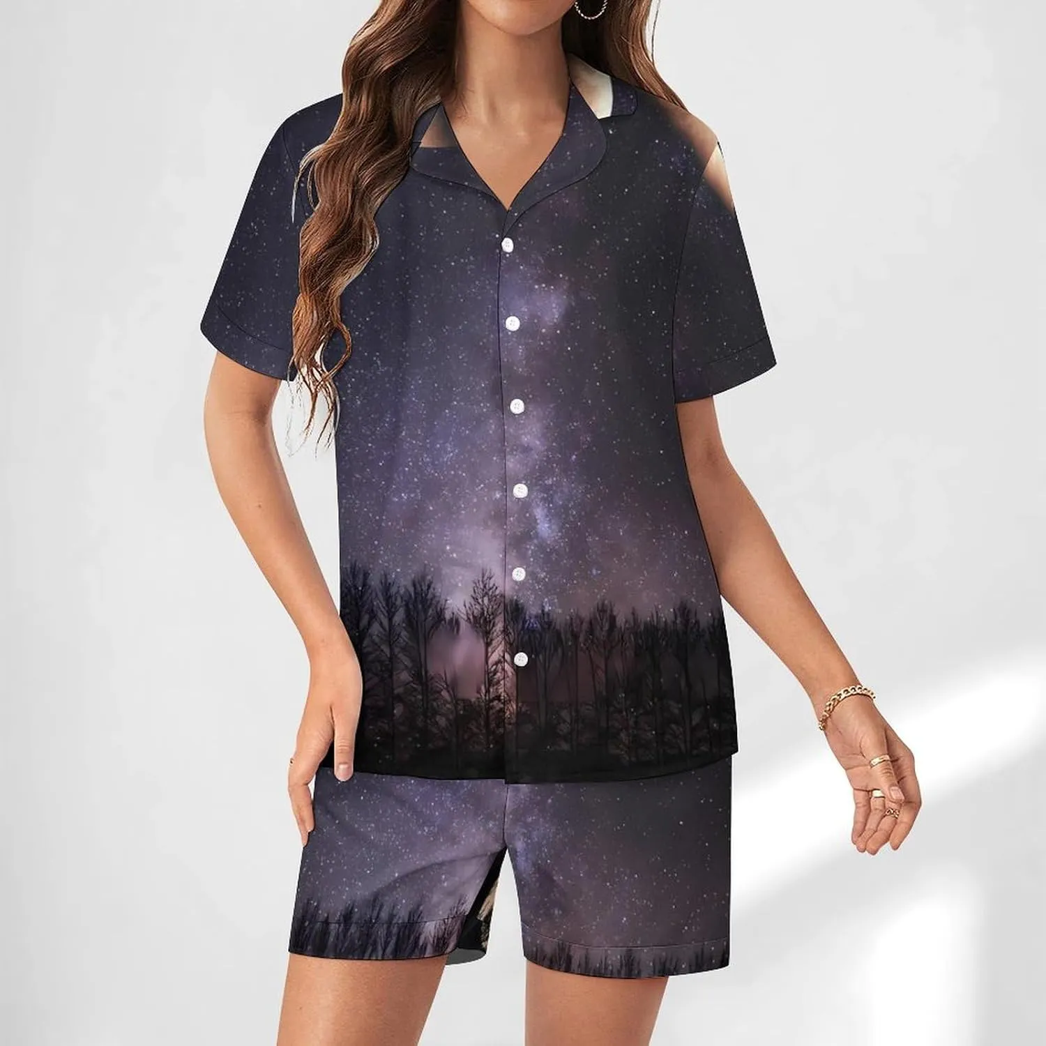 Moon Phases Night Star Satin Pajamas For Women Set Botton Down Short Sleeves Silk Sleepwear