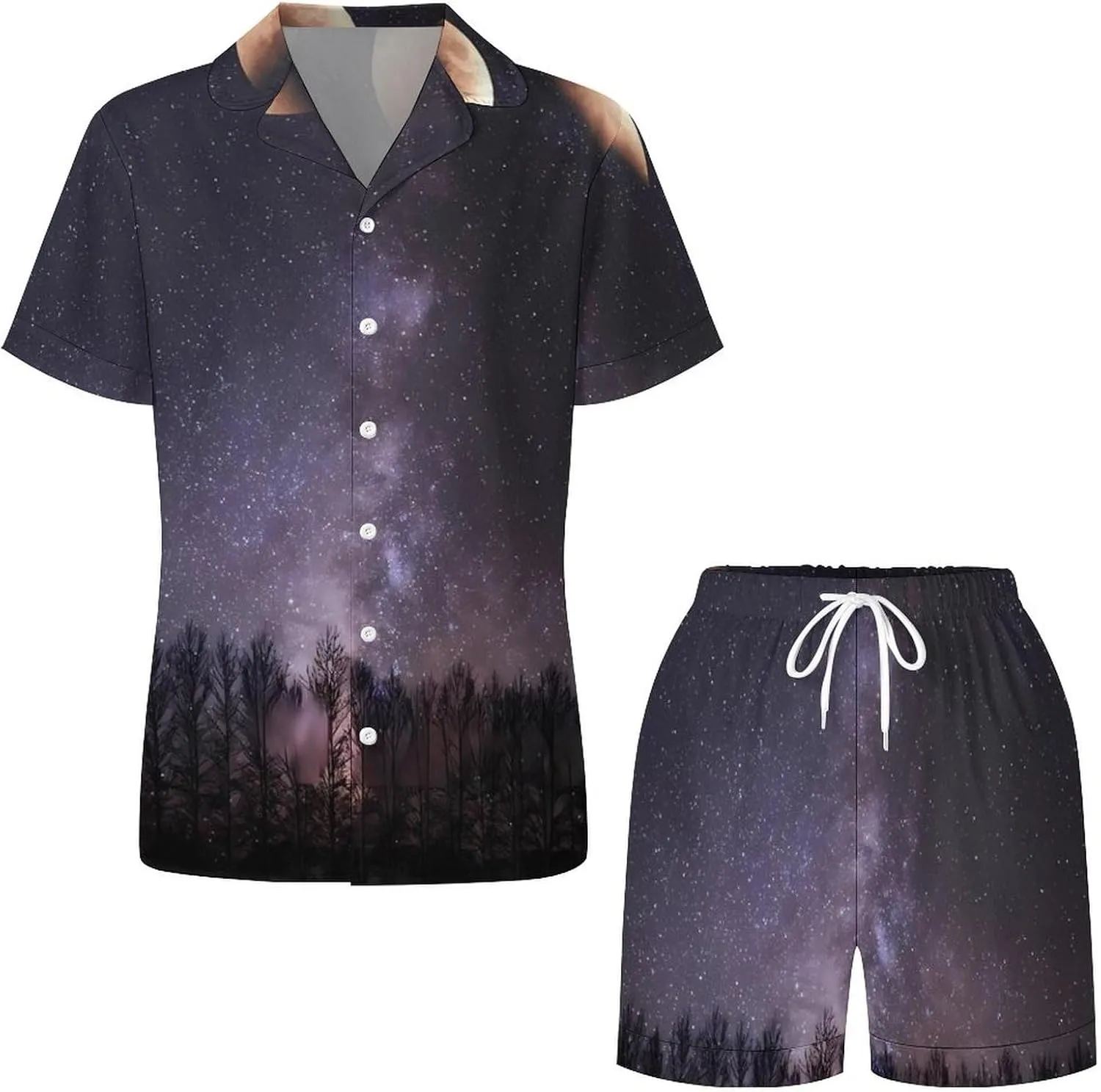 Moon Phases Night Star Satin Pajamas For Women Set Botton Down Short Sleeves Silk Sleepwear
