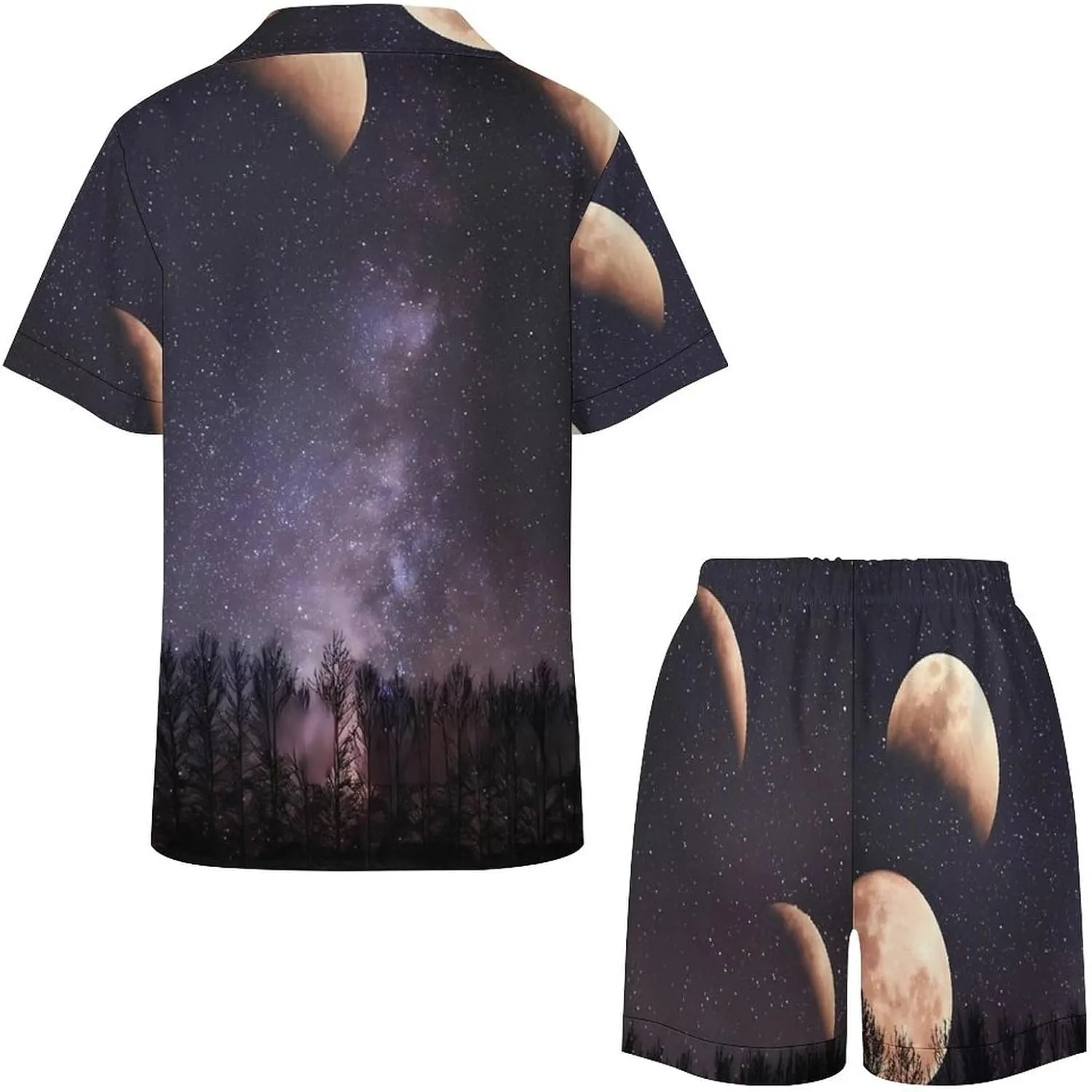 Moon Phases Night Star Satin Pajamas For Women Set Botton Down Short Sleeves Silk Sleepwear