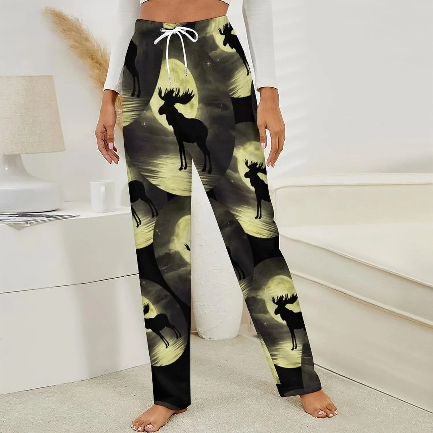 Moose Night Women's Flannel Pajama Pants Fleece Lounge Sleep Bottoms PJ