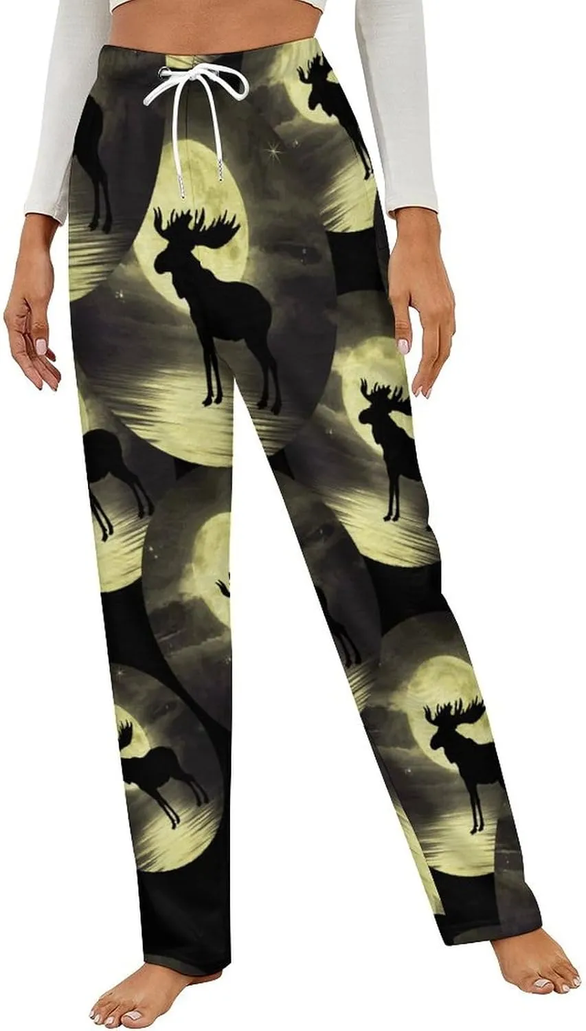 Moose Night Women's Flannel Pajama Pants Fleece Lounge Sleep Bottoms PJ